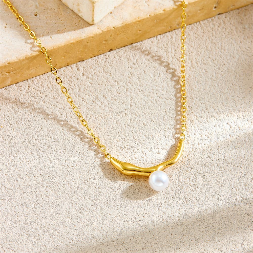 Simple Small Pearl Pendant Choker Necklace for Women,Dainty Trendy Gold Plated Stainless Steel Chain Choker Necklaces for Women Prom Party - Image 5