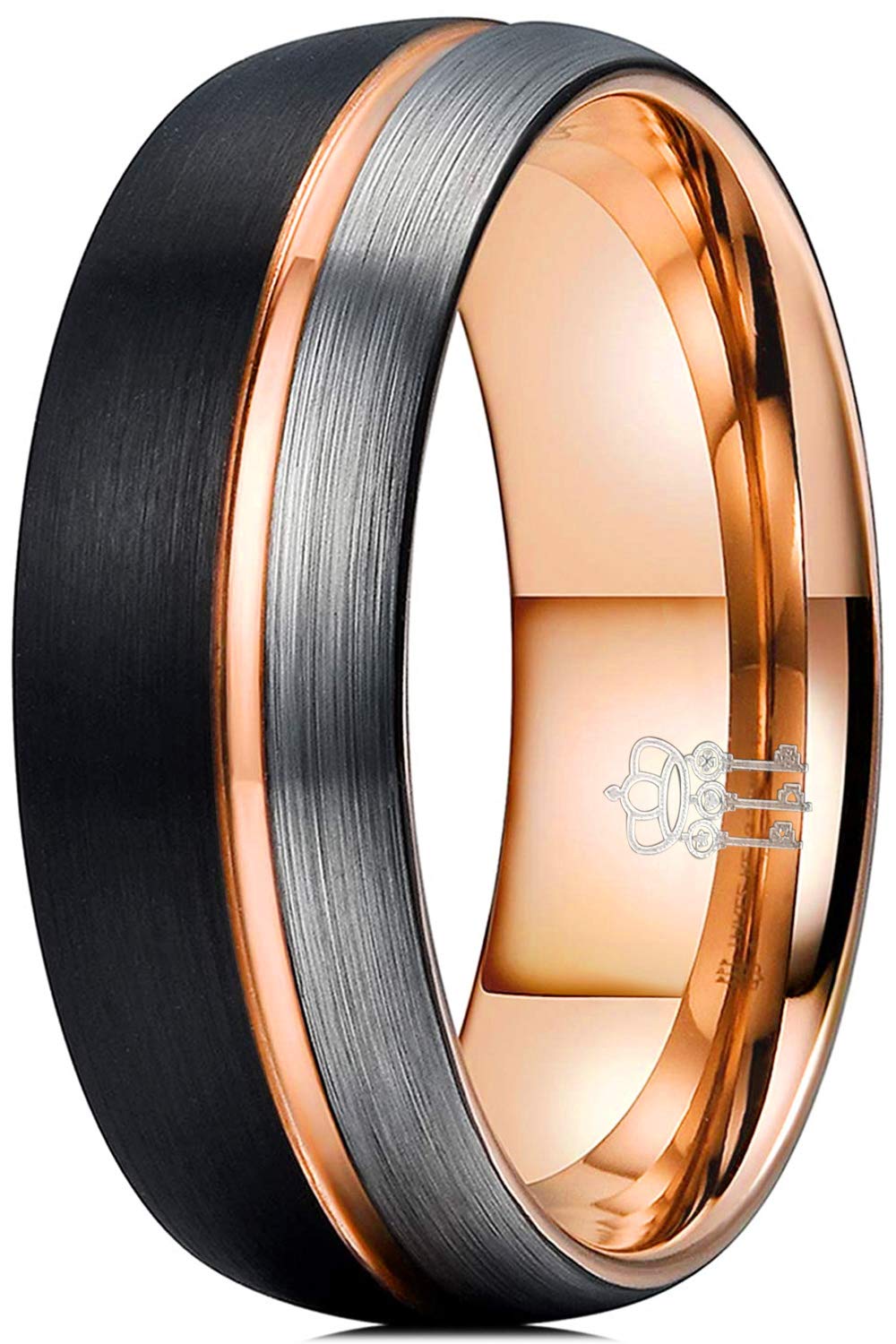 THREE KEYS JEWELRY 8mm Tungsten Carbide Wedding Ring Thin Side Rose Gold Line Band Brown Silver Brushed