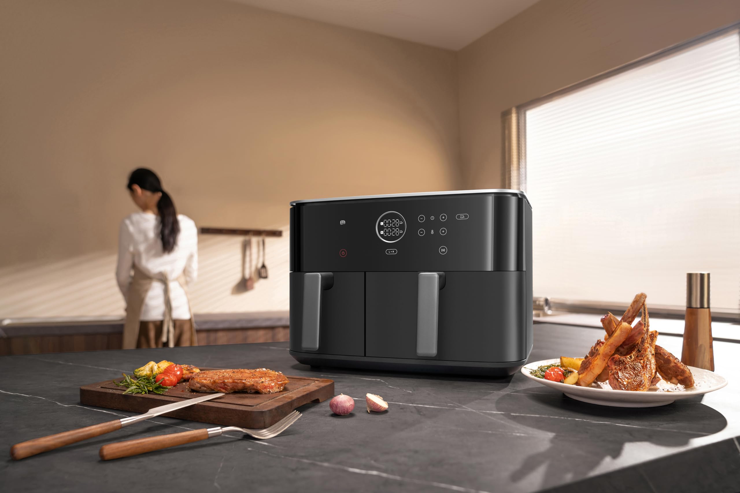Xiaomi Dual Zone Air Fryer da 10 l, 2 scomparti da 3,5 l e 6,5 l, 230 °C, funzione SYNC, 9 modalità, 2700 W, basso contenuto di grassi, funzionamento touch, lavabile in lavastoviglie, colore: nero