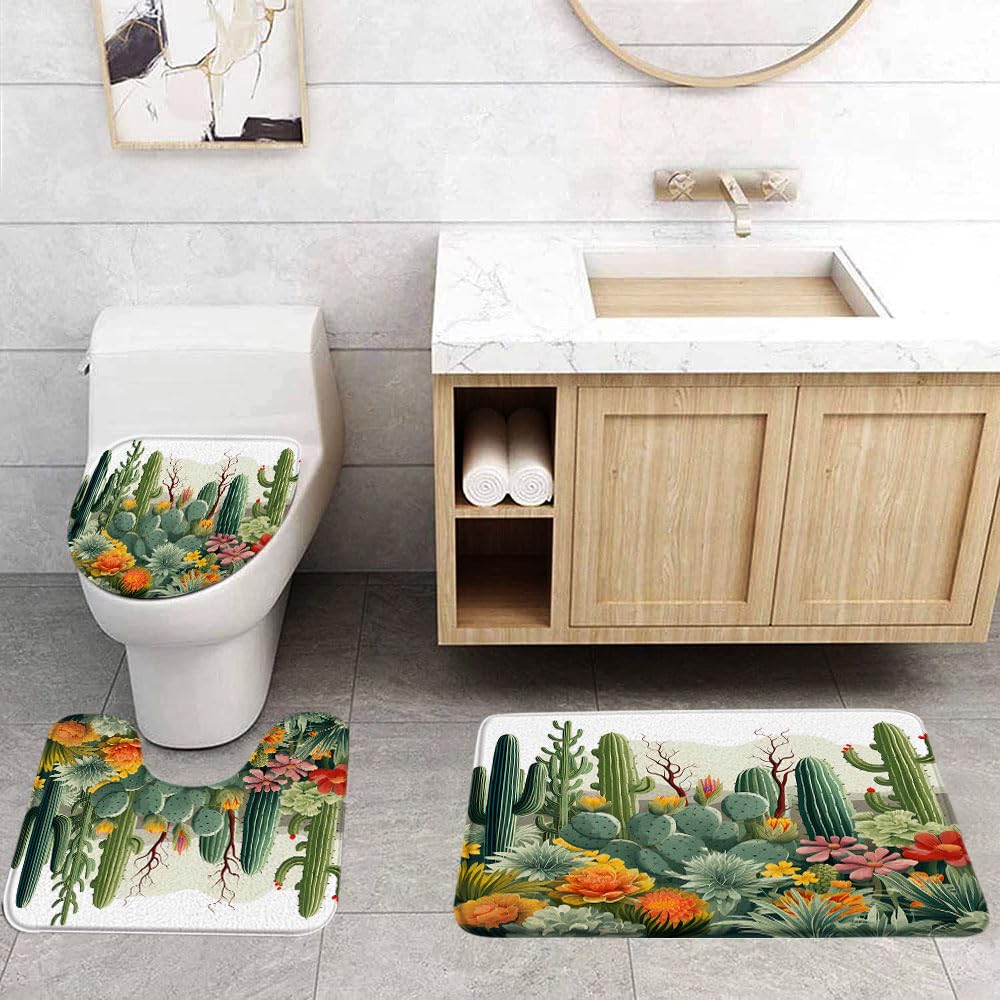 Cactus 3 Pcs Bath Rugs Set,Tropical Succulent Plant Green Cacti Flower Mountain Desert Landscape Modern Boho Bathroom Kitchen Rug with 17.8
