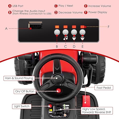 Miniatura 4 de HONEY JOY Coche de paseo eléctrico de 12 V con control remoto, tractor de batería para niños pequeños con rodillo de tambor ajustable, bocina y