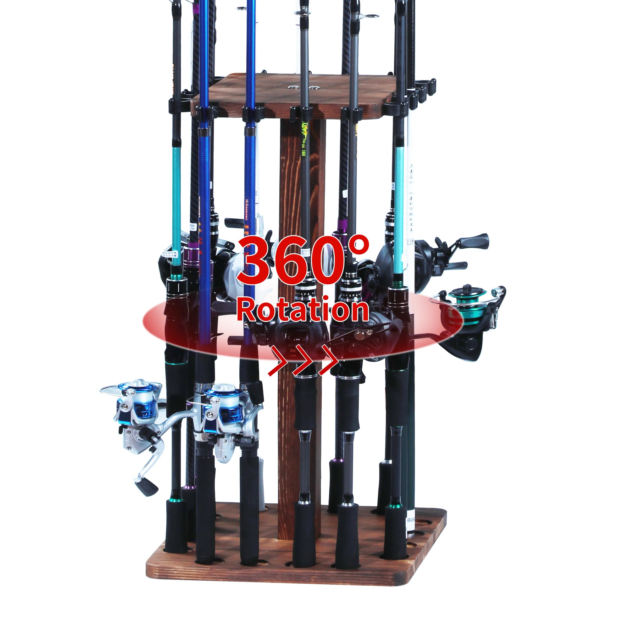 Lnmuzm 360 Degree Rotating Wood Fishing Rod Holder, fishing pole holders for garage up to 16 Fishing Rods, Fishing Gear Equipment Storage Organizer