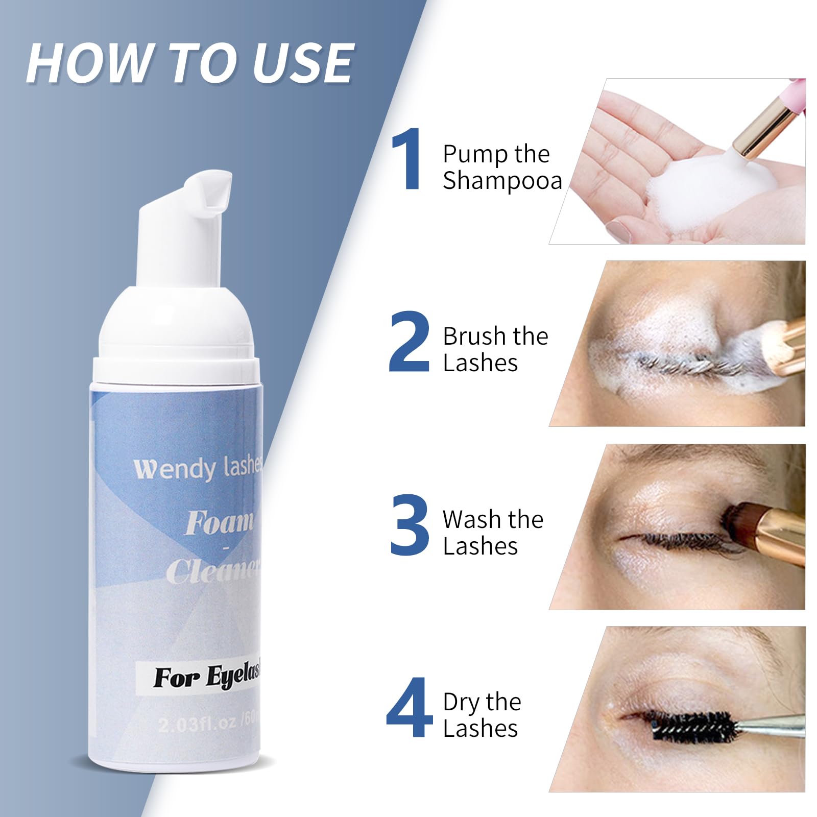 Shampoo per Ciglia per Extension Ciglia, 60ml Detergente per Ciglia Extension, Pulitore per Ciglia Pulitore di Schiuma Con Pennello Morbido (Lash Shampoo-60ml)