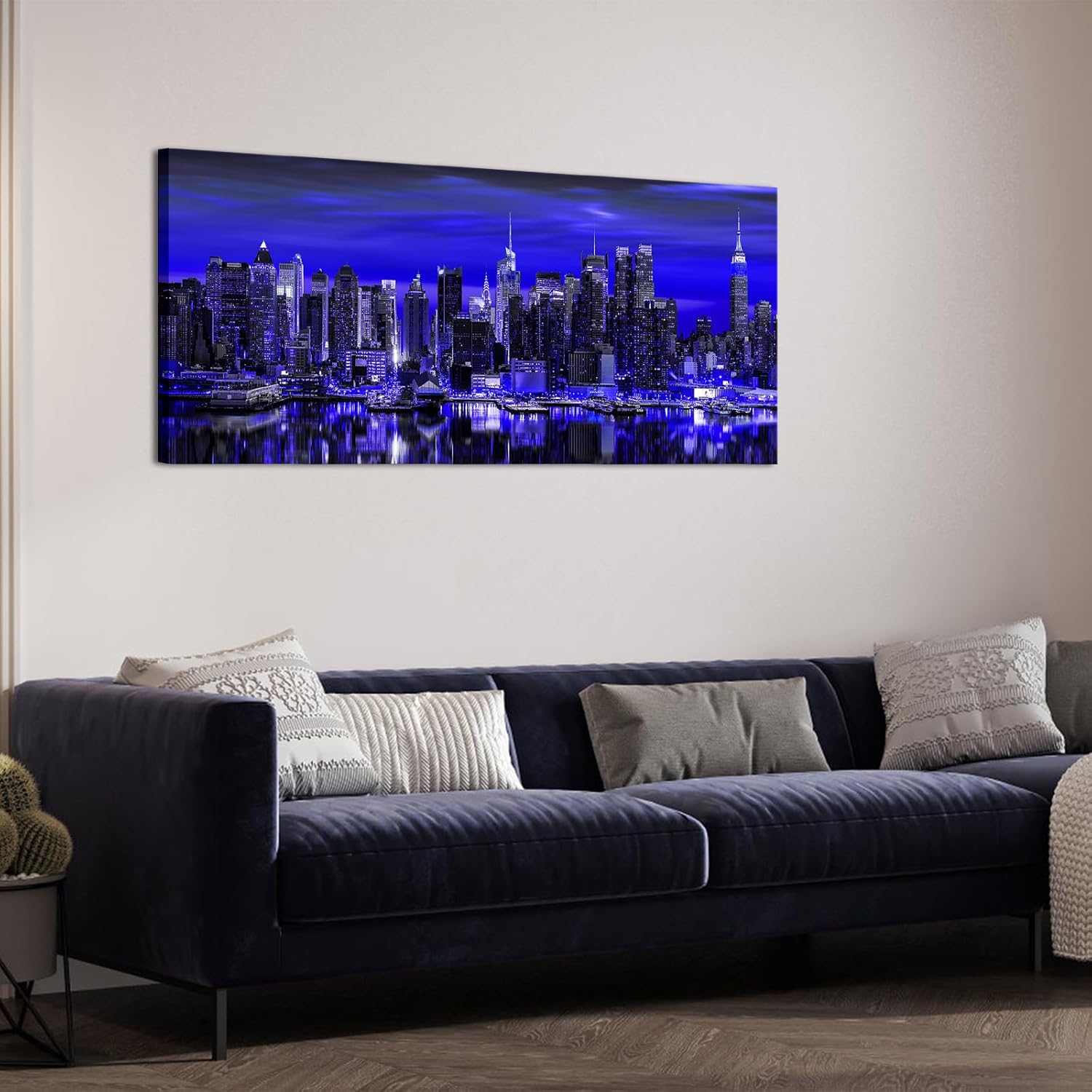 LevvArts New York City Canvas Wall Art Manhattan Skyline Night View Pictures Prints Modern City Painting Poster for Home Office Living Room Wall Decoration 20"x48" (Blue)