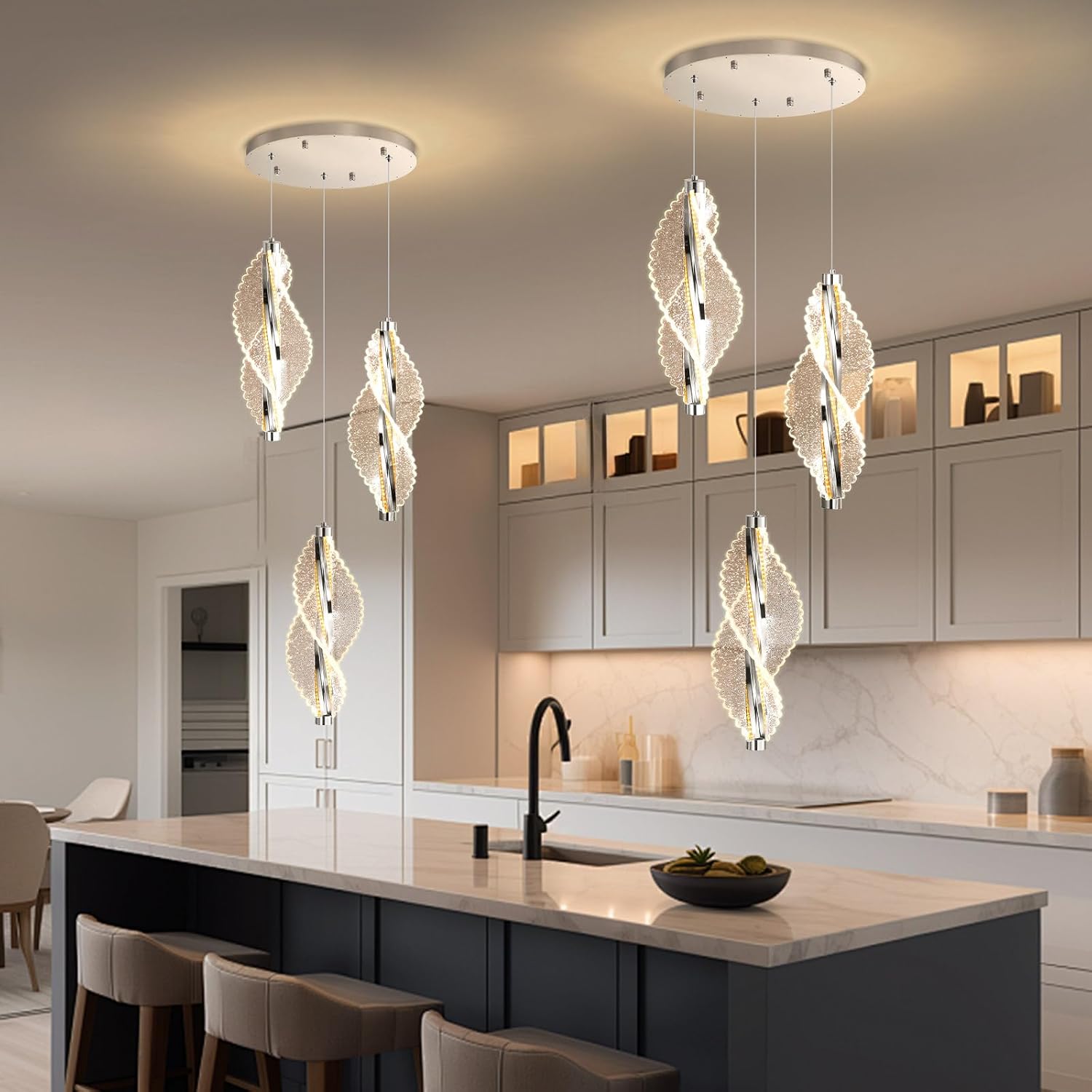 3 Lights Silver Pendant Light LED Dimmable Acrylic Hanging Lamp for Kitchen Island Dining Room Bedroom Living Room