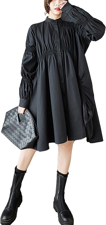ellazhu Women's Shirt Dress Solid Button Down Long Sleeve Stand Collar Asymmetrical Hem Casual Loose GZ444