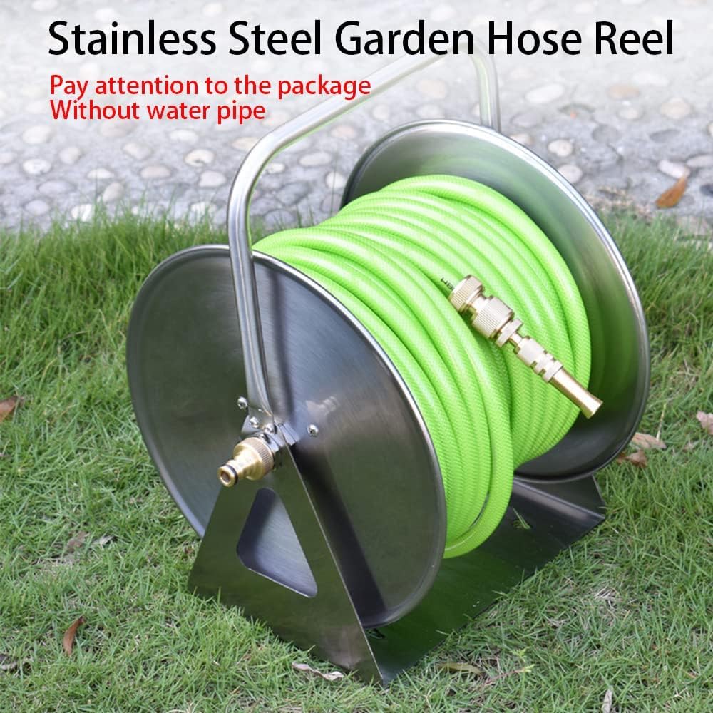 Carretes de manguera de jardín, soporte de carrete de manguera de jardín de acero inoxidable, estante de almacenamiento portátil para tuberías de agua, montaje en pared/suelo, para patio, césped,