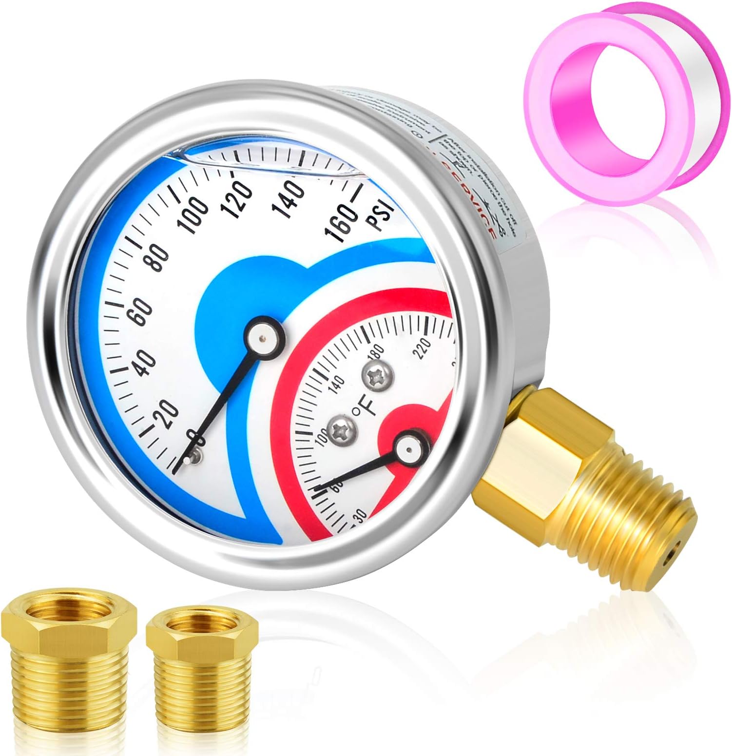 MEANLIN MEASURE 0-160Psi Stainless Steel Thermal Pressure Gauge 30-250℉ 1/4" NPT 2.5" FACE DIAL Liquid Filled Pressure Gauge Lower Mount