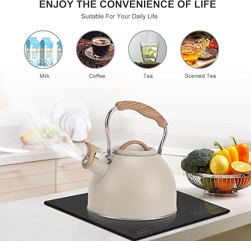 Miniatura 6 de Vegoran - Tetera de 100 onzas  3 litros, tetera para estufa, acero inoxidable de grado alimenticio con mango plegable con patrón de madera, silbato