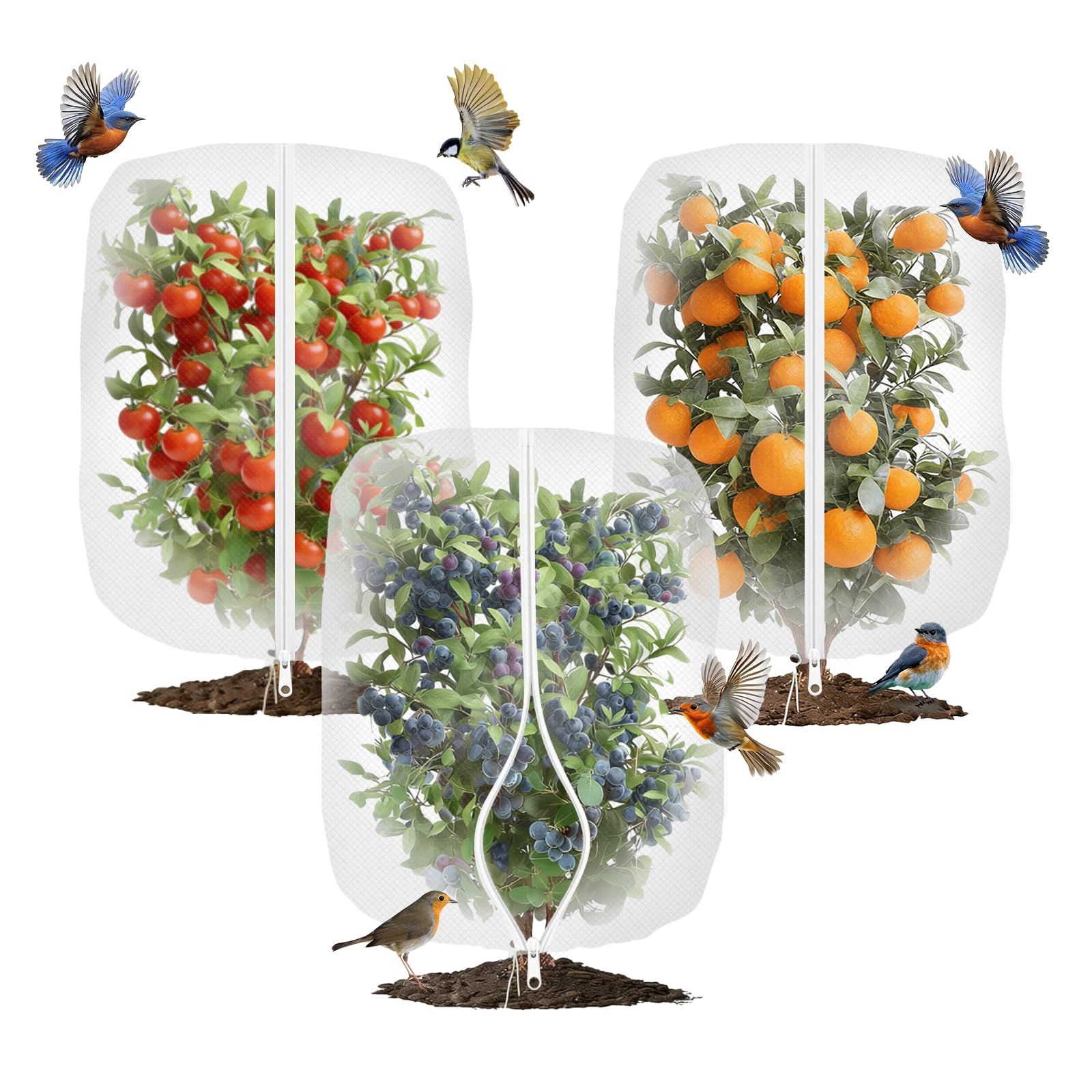 Dengthrive Fruit Tree Netting: 3 PCS 1.8 * 1.2M Garden Netting Bird Protection Bags with Zipper & Drawstring for Trees & Vegetables, Tomato, Blueberry Bush, Plant Protection