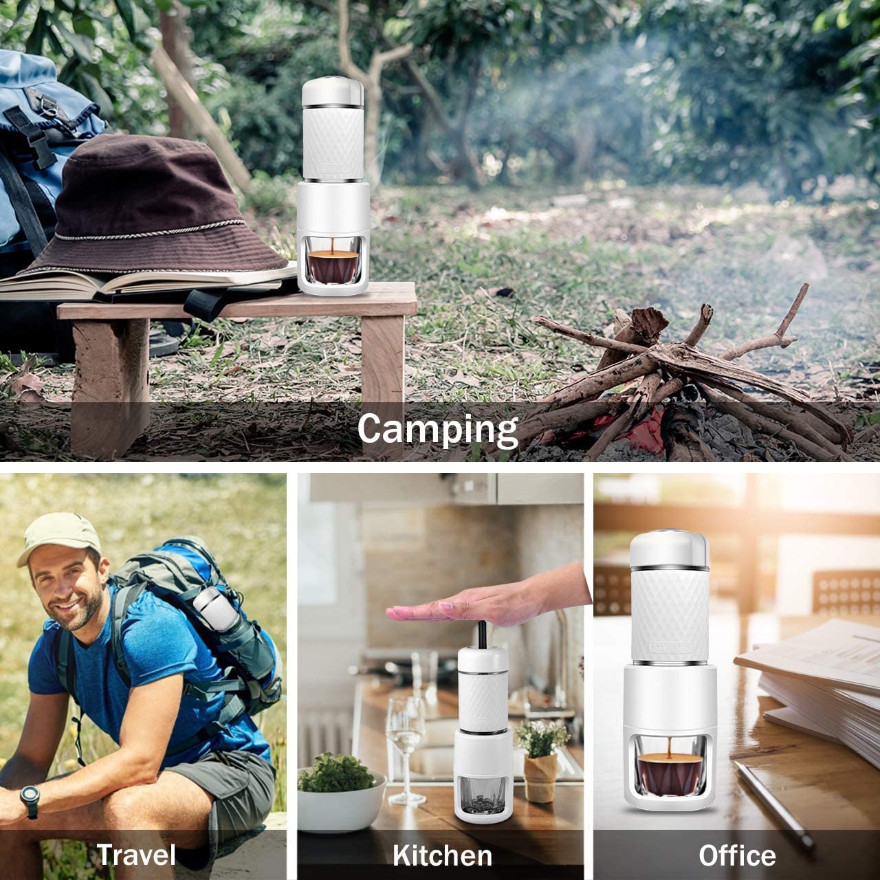 STARESSO Manuelle Espressomaschine,Tragbare Kaffeemaschine,Kompatibel gemahlener Kaffee, kleine Reisekaffeemaschine, manuell von Piston Action betrieben,Ideal für Campaing Hiking (Sp200 White)