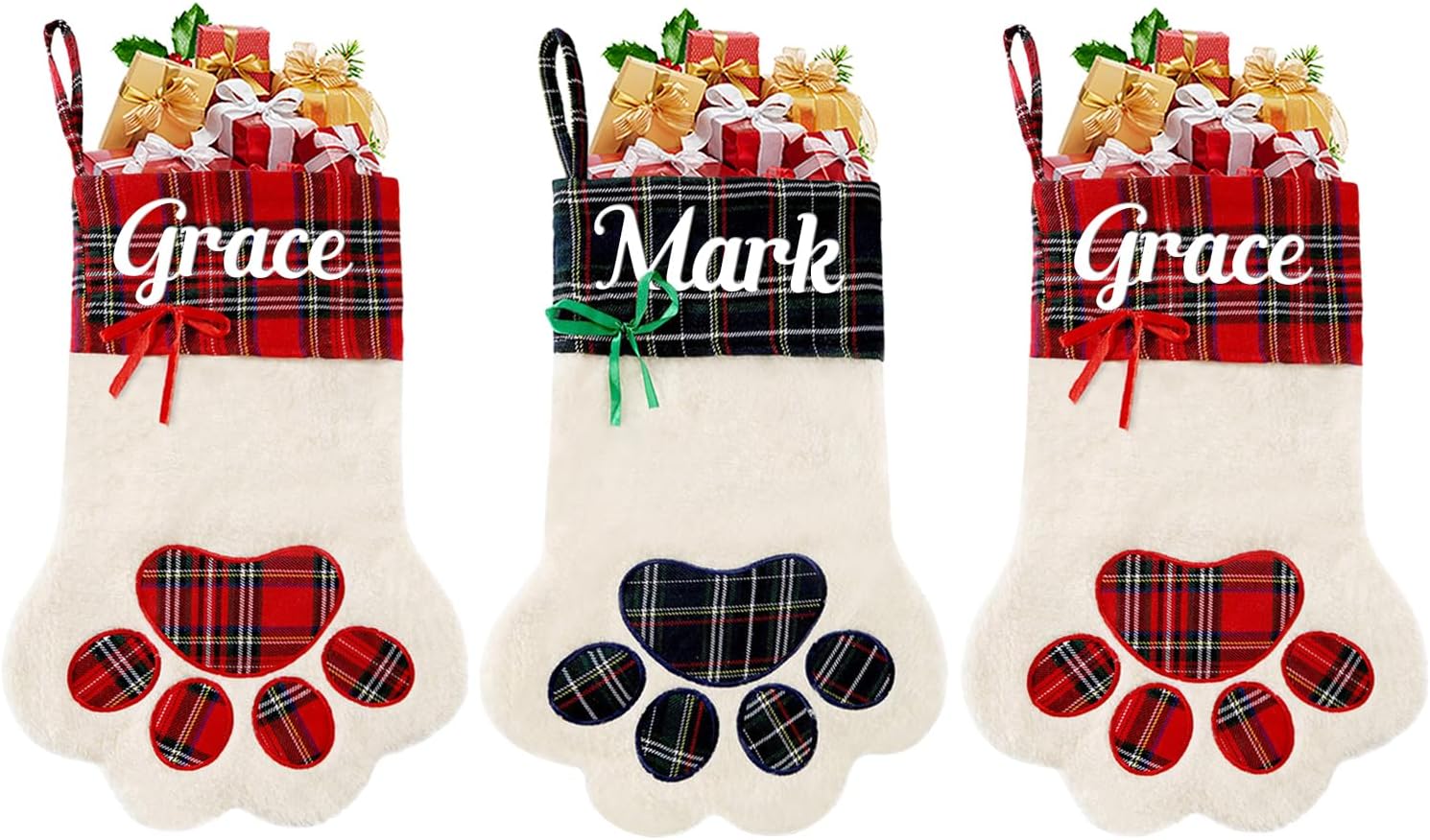 Personalized Dog Christmas Stocking, Custom Pet Paw Christmas Stocking with Name, Customized Xmas Stockings Plaid Cuff, Christmas Hanging Decor, Gifts for Dog, Cat, Pet, Kids, Family Set of 3