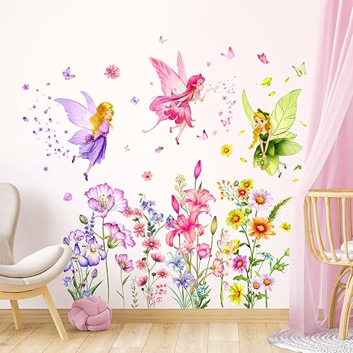 Supzone Calcomanías de pared de hada de flores, calcomanías de pared de mariposa para niña, vinilo extraíble para niñas, bebé, guardería,