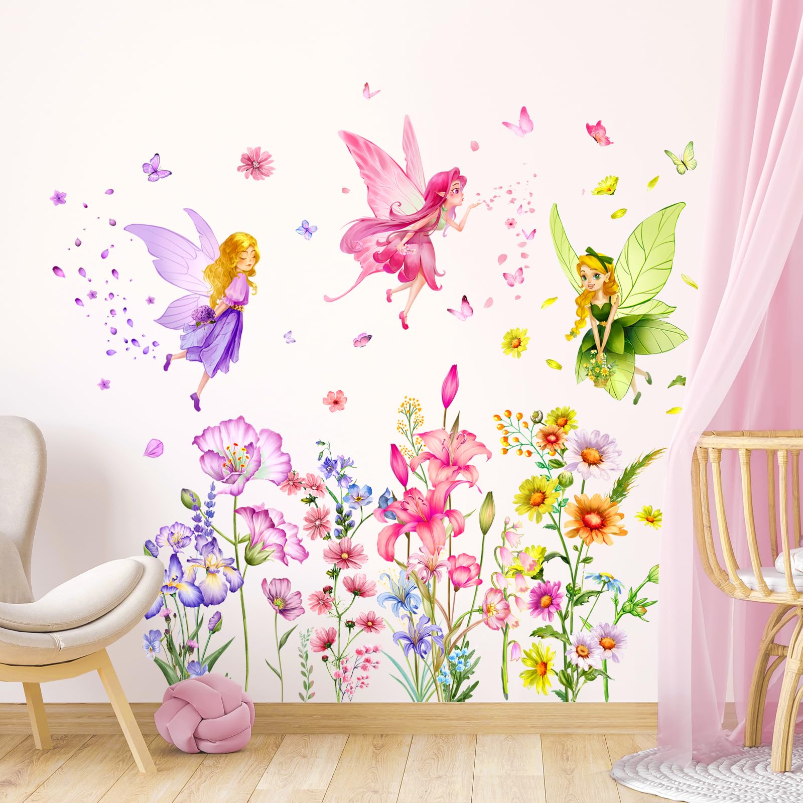 Supzone Wandtattoo Rosa Blume Fee Wandaufkleber, Schmetterling Mädchen Elfen Wandabziehbilder abnehmbare Vinyl Wanddekoration für Mädchen Baby Kinderzimmer Kinder Schlafzimmer Wohnzimmer Badezimmer