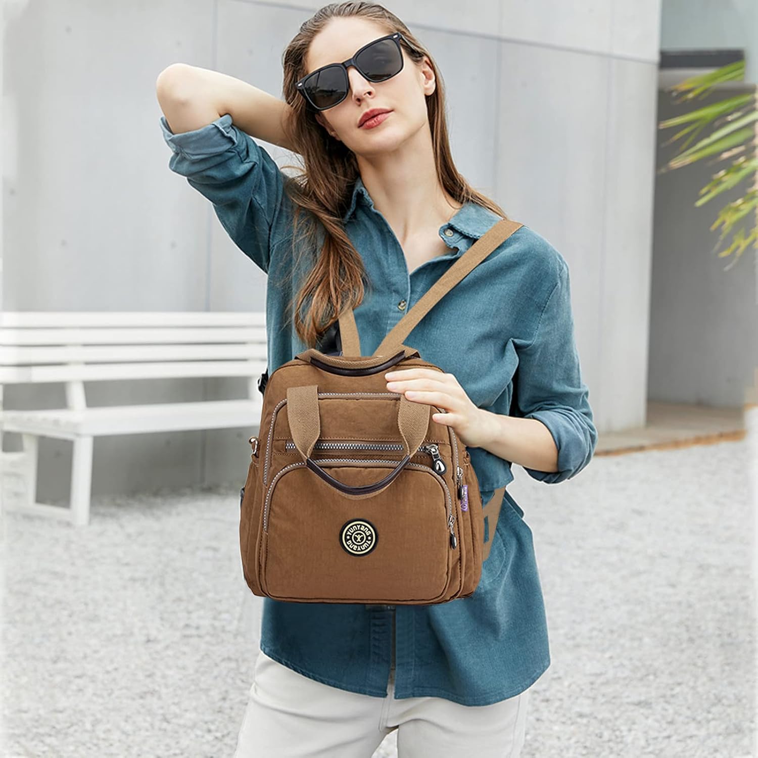 PORRASSO Casual Backpack Women Shoulder Bag Ladies Crossbody Bag Nylon Handbag Daypack for Work Travel Daily Use Khaki - Image 2