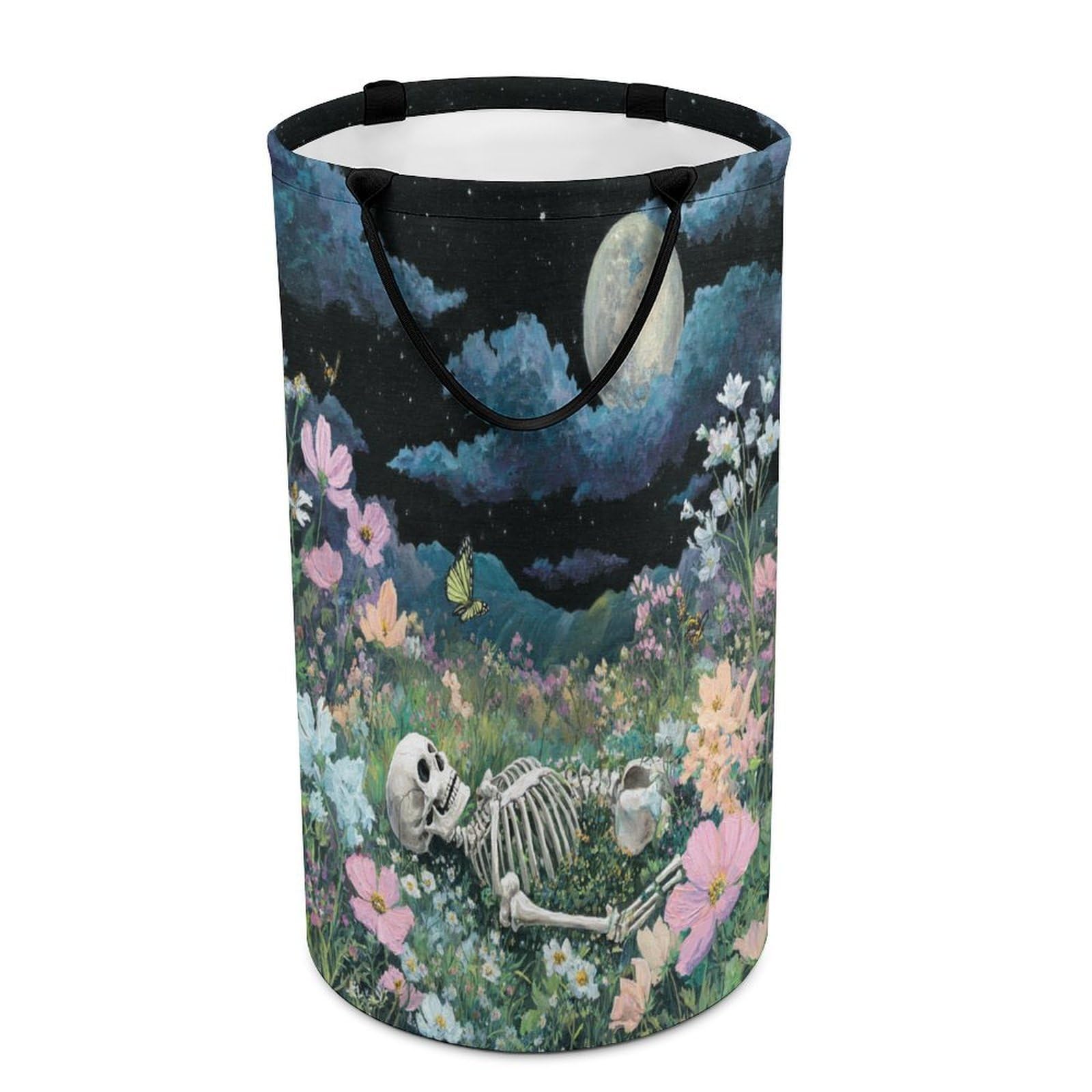 LUYYSKY Beautiful Realistic Skull Skeleton Collapsible Dirty Clothes Basket, Classic Modern Full Moon Animals Butterflies Plant Floral Portable Clothes Storage Laundry Basket-40 CM Dia, 69 CM High
