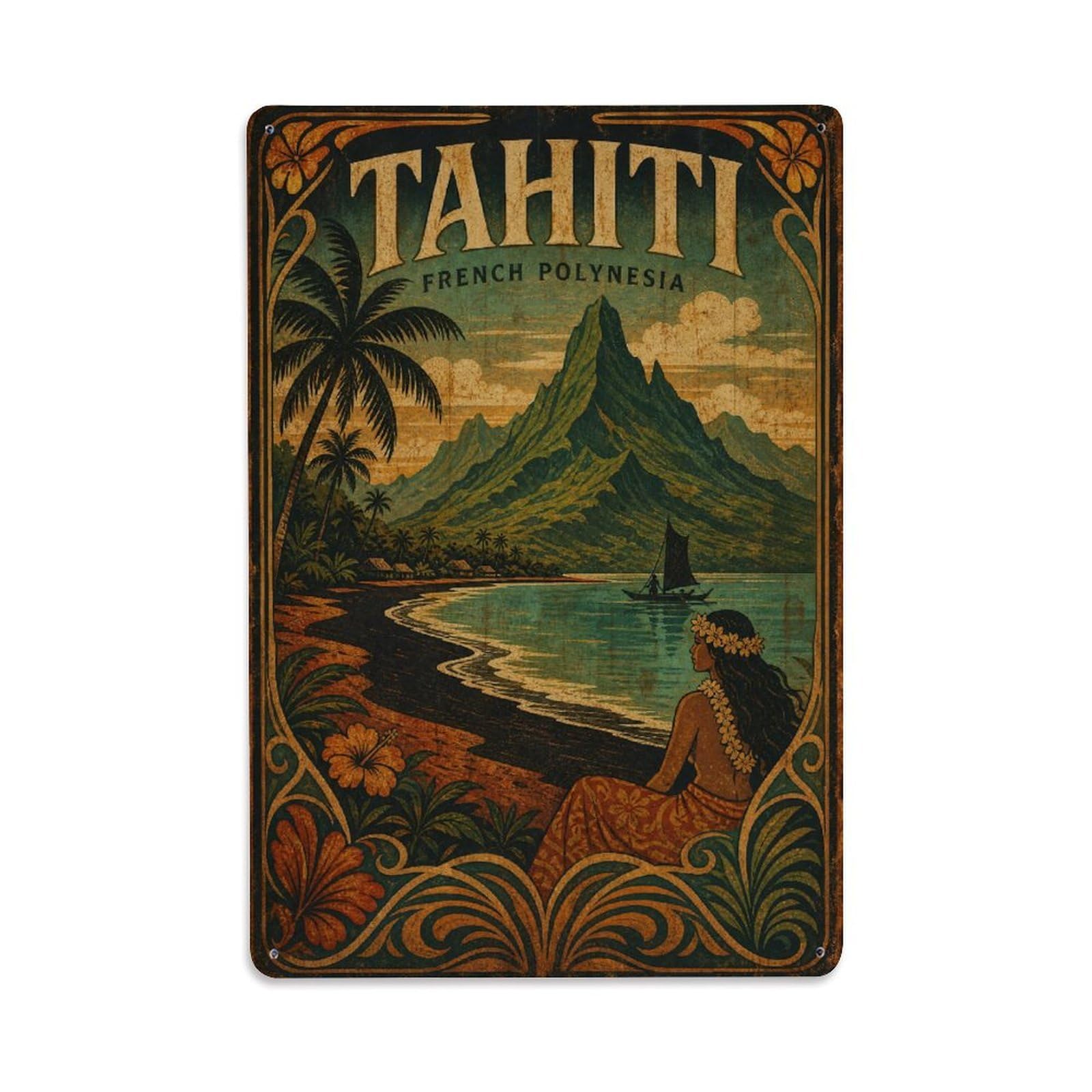 Metal Tin Sign Vintage Travel French Polynesia Tahiti