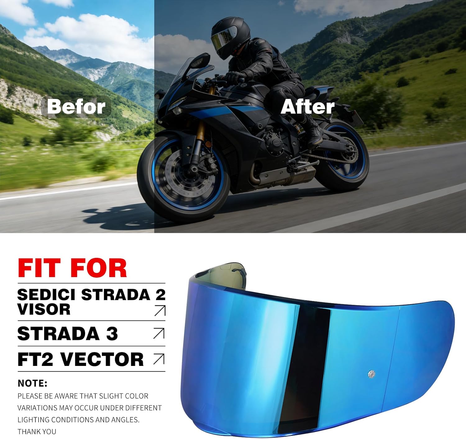 VCOROS Helmet Visor Shield For SEDICI Strada II and For Strada 3 FF397 FF801 Motorcycle Helmets visor For FT2 VECTOR Helmets (Chrome Blue)