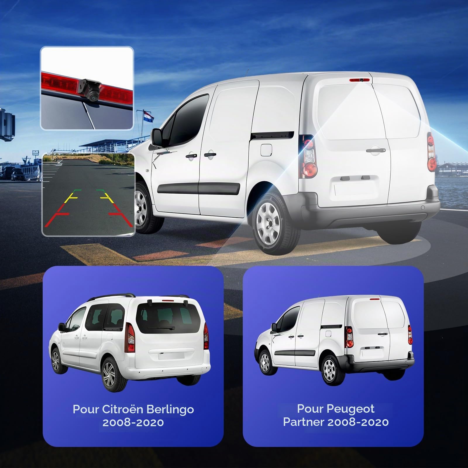 Caméra de Recul de Feu de Freinage pour Peugeot Partner 2008-2020/Citroen Berlingo 2008-2020 avec Vision Nocturne P67 Étanche Angle de Vision de 140° Connexion par Câble Stable Double Caméra 720P