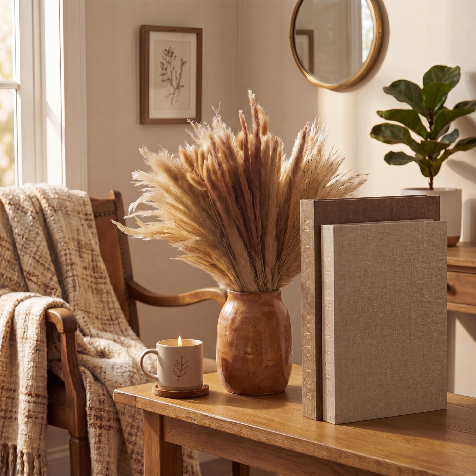 Junkin Set di 2 libri decorativi per la casa con 60 erba della pampa estetica in lino finto/finto libri nascosti scatole portaoggetti moderne per la casa della fattoria libreria decorazione per la