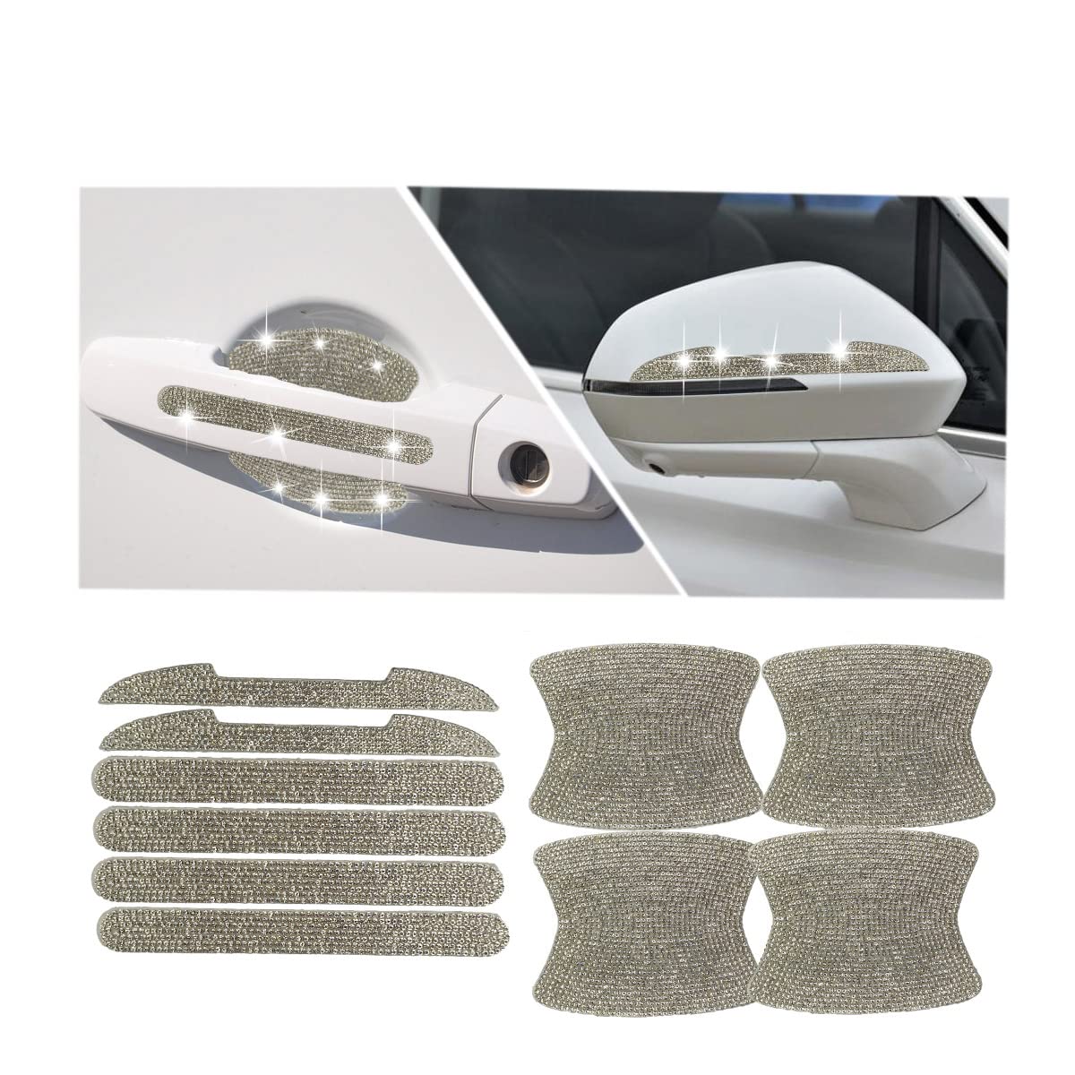 10PCS Bling Car Door Handle Reflective Trim Decals Stickers,Universal Rhinestone Door Side Rear View Mirror Scratch Resistant Protector Cover Car Accessories White