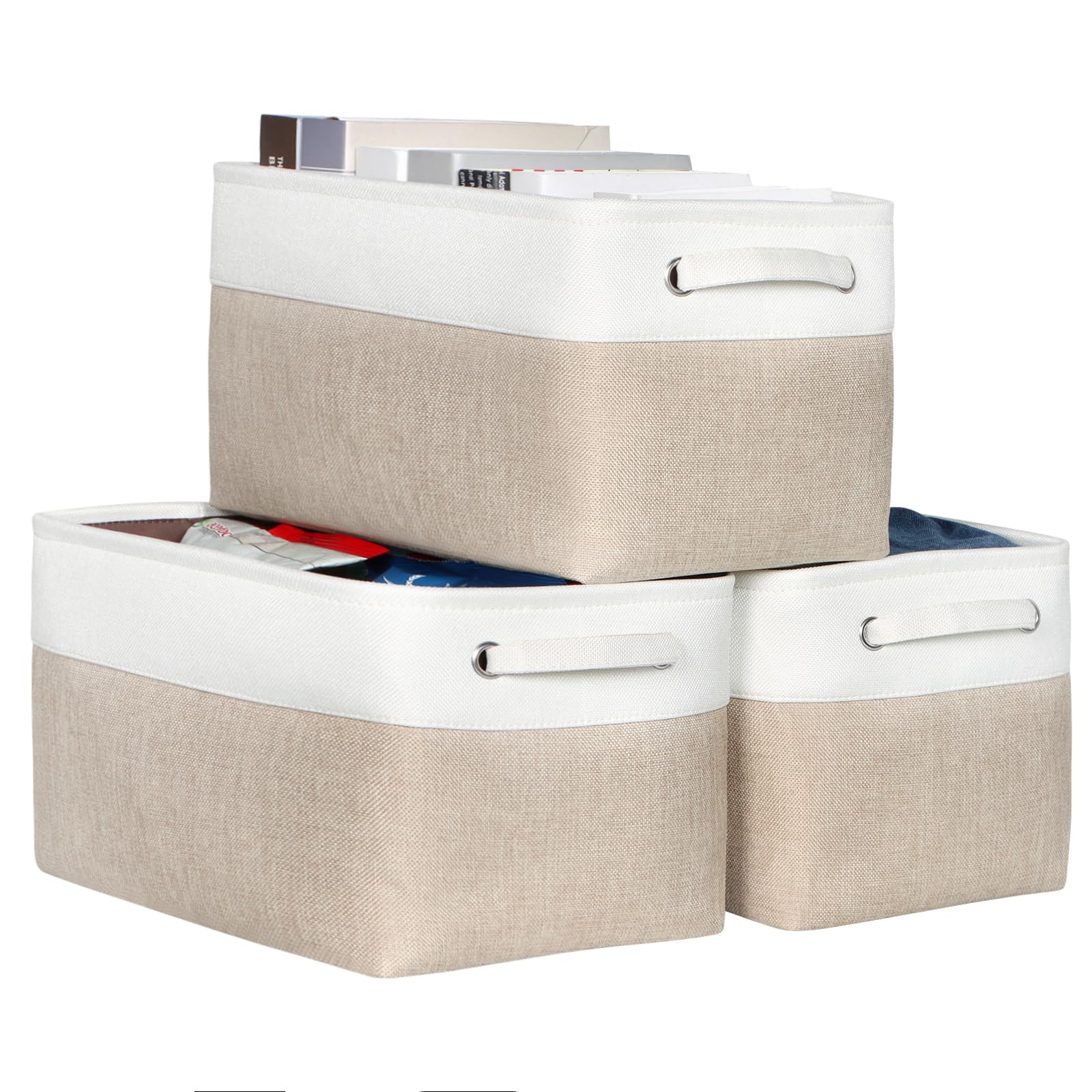 KEEGH Juego de 3 cestas de almacenamiento de tela, cajas de almacenamiento de 15 pulgadas para estantes, almacenamiento plegable para almacenamiento de parte inferior dura, cesta de tela con asa