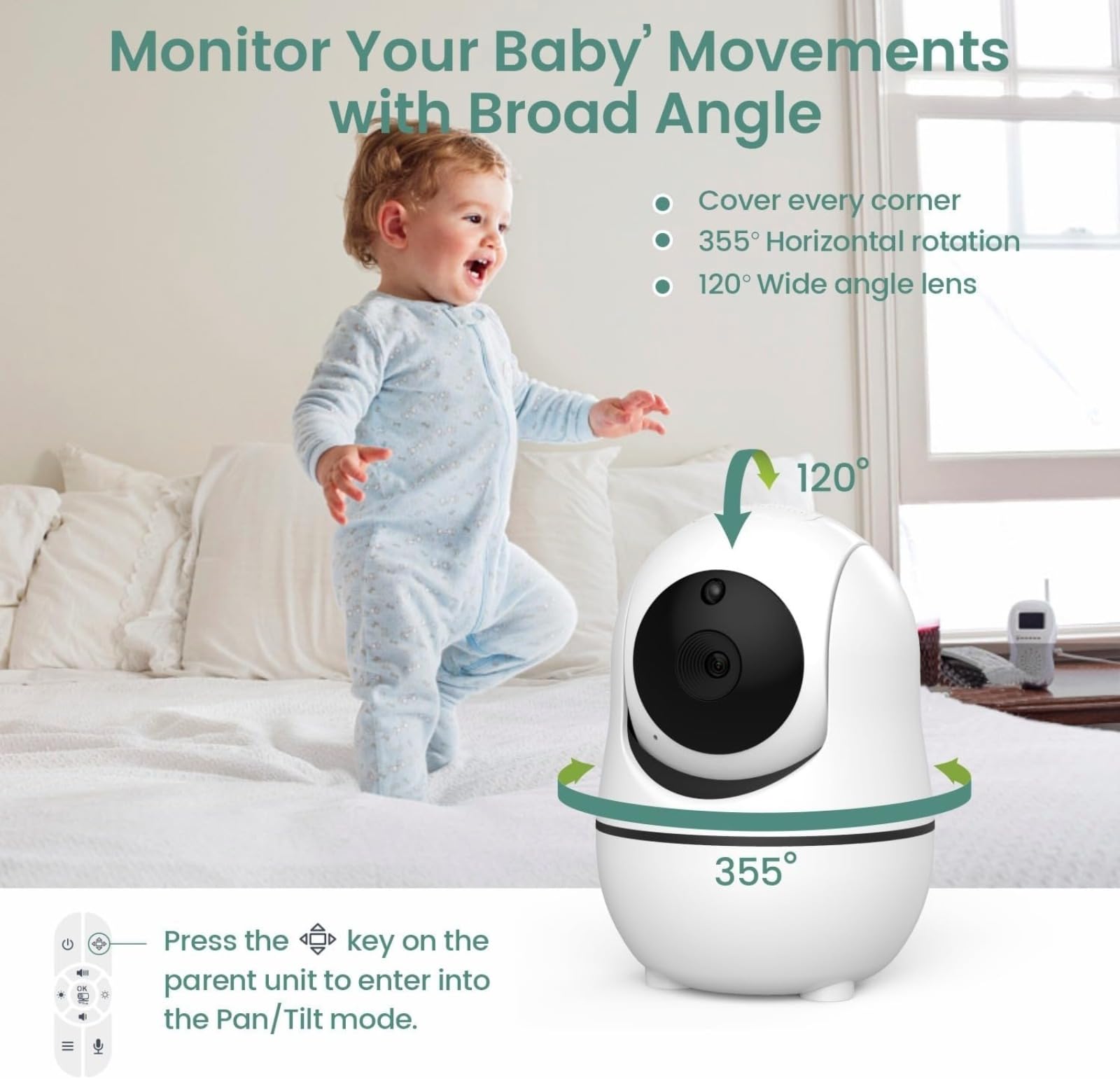 Monitor de bebé de video HD de 7 pulgadas con panorámica/inclinación, lente gran angular, audio seguro y bidireccional para uso doméstico