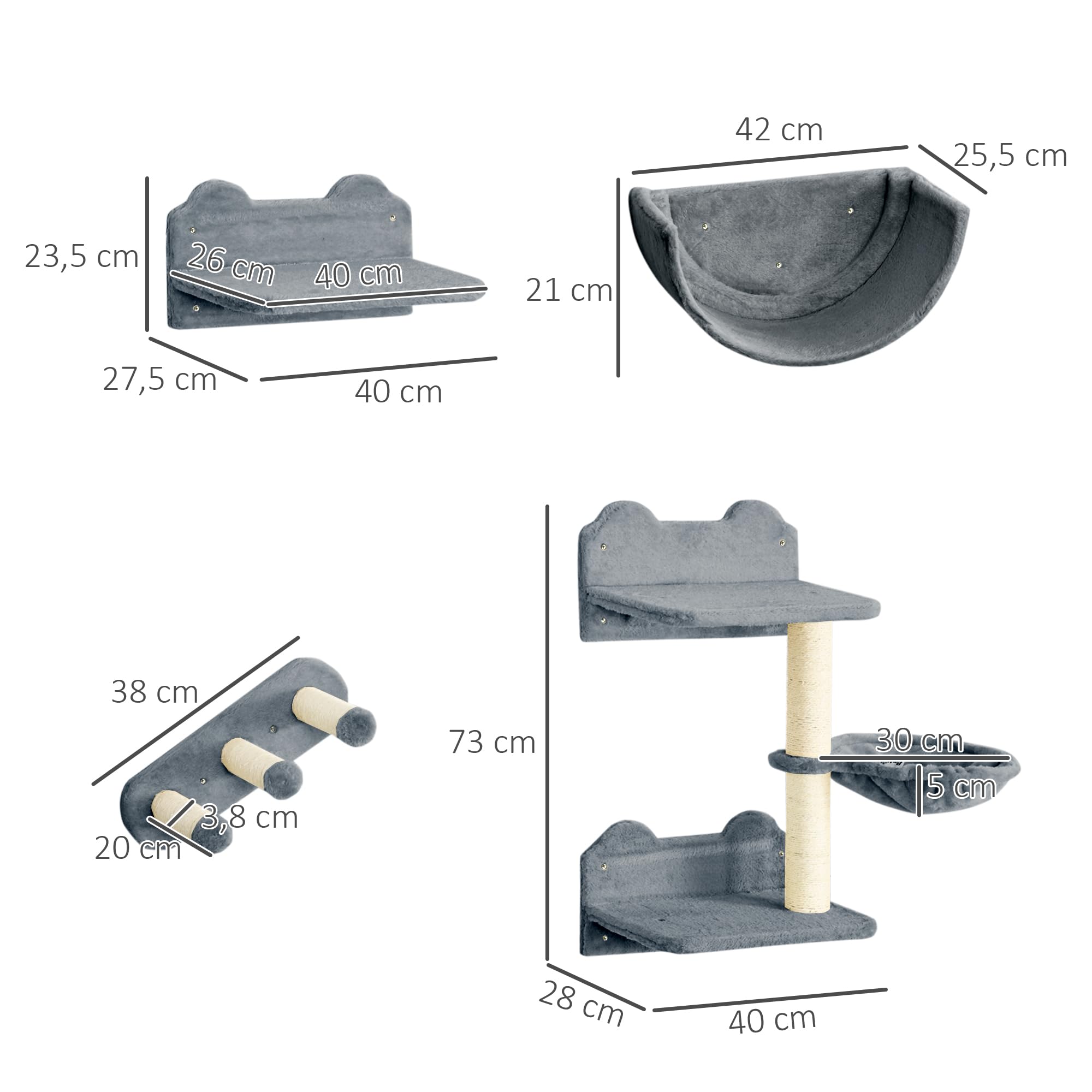 PawHut Estante de Escalada para Gatos de Pared con Hamaca 4 Piezas Gris | Juego de Estantes para Gatos, Nido Rascador, Plataformas para Saltar, Poste de Sisal