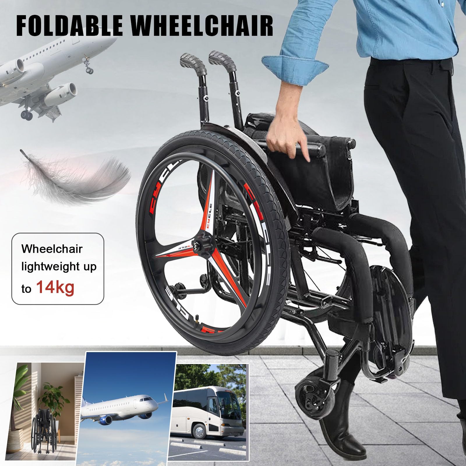 Silla de Ruedas Deportiva Manual Plegable - Ultraligera de Aleación de Aluminio,carga 100 kg,silla De Ruedas De Transporte Plegable Deportiva,Freno de mano, liberación rápida(Seat width 42cm/16.5in,A)