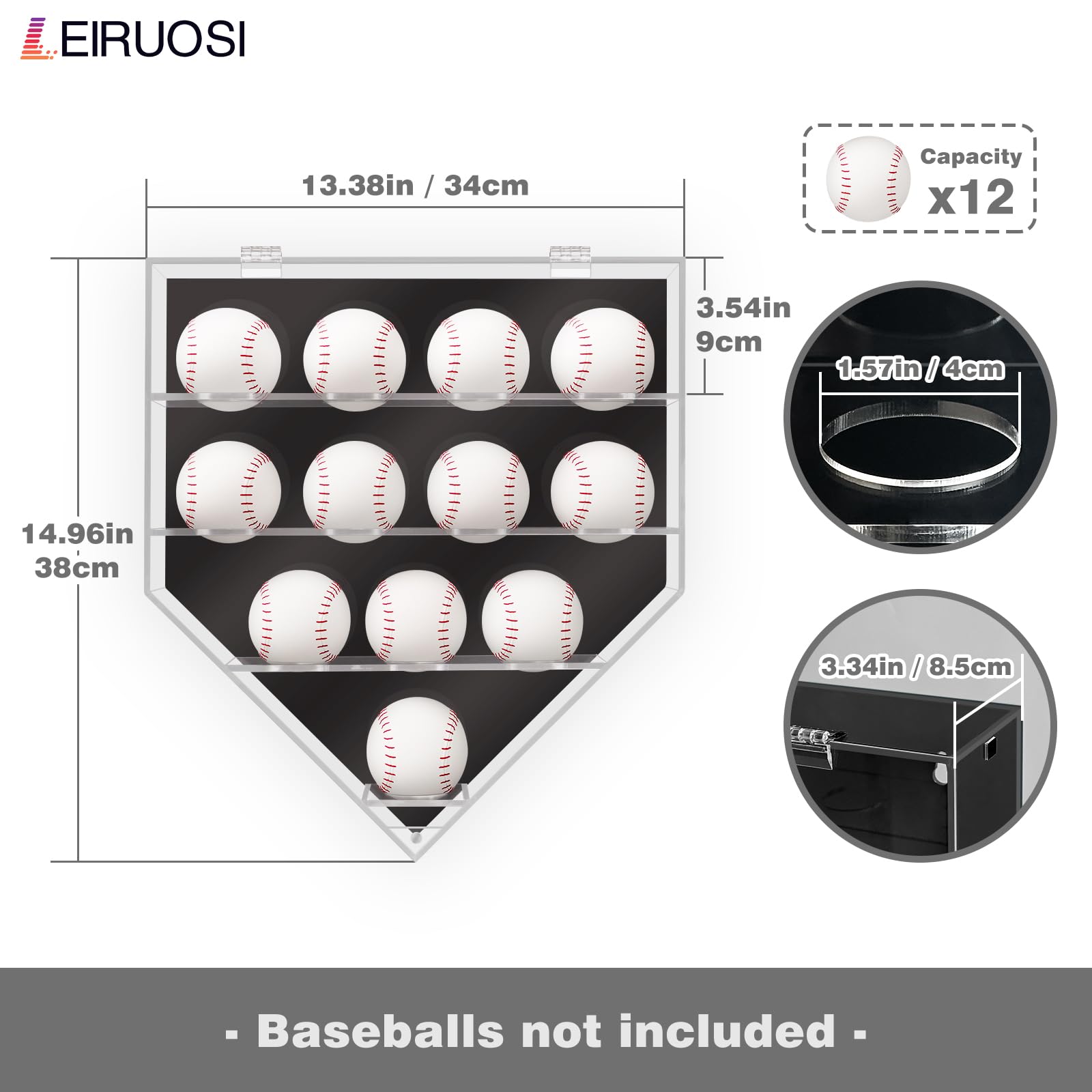 Vitrina acrílica para béisbol, caja de sombra montada en la pared para béisbol, pickleball, tenis, soporte extraíble, caja de exhibición de autógrafos de recuerdos para 12 bolas (negro)