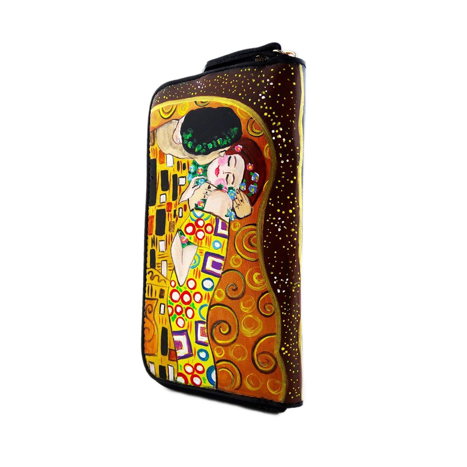 Arte Lisanti Portafoglio da donna in pelle dipinta a mano - IL BACIO DI KLIMT - Portafogli Donna, Vera Pelle, Made in Italy, con cerniera lampo, porta carte credito, Lavorazione Artigianale