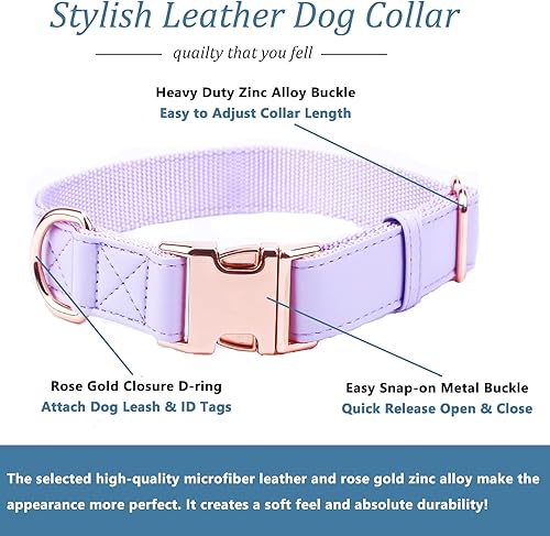 Miniatura 7 de Juego de collar y correa para perro. Cuero vegano suave y fácil de limpiar con hebilla de metal oro rosa para perros pequeños, medianos y grandes