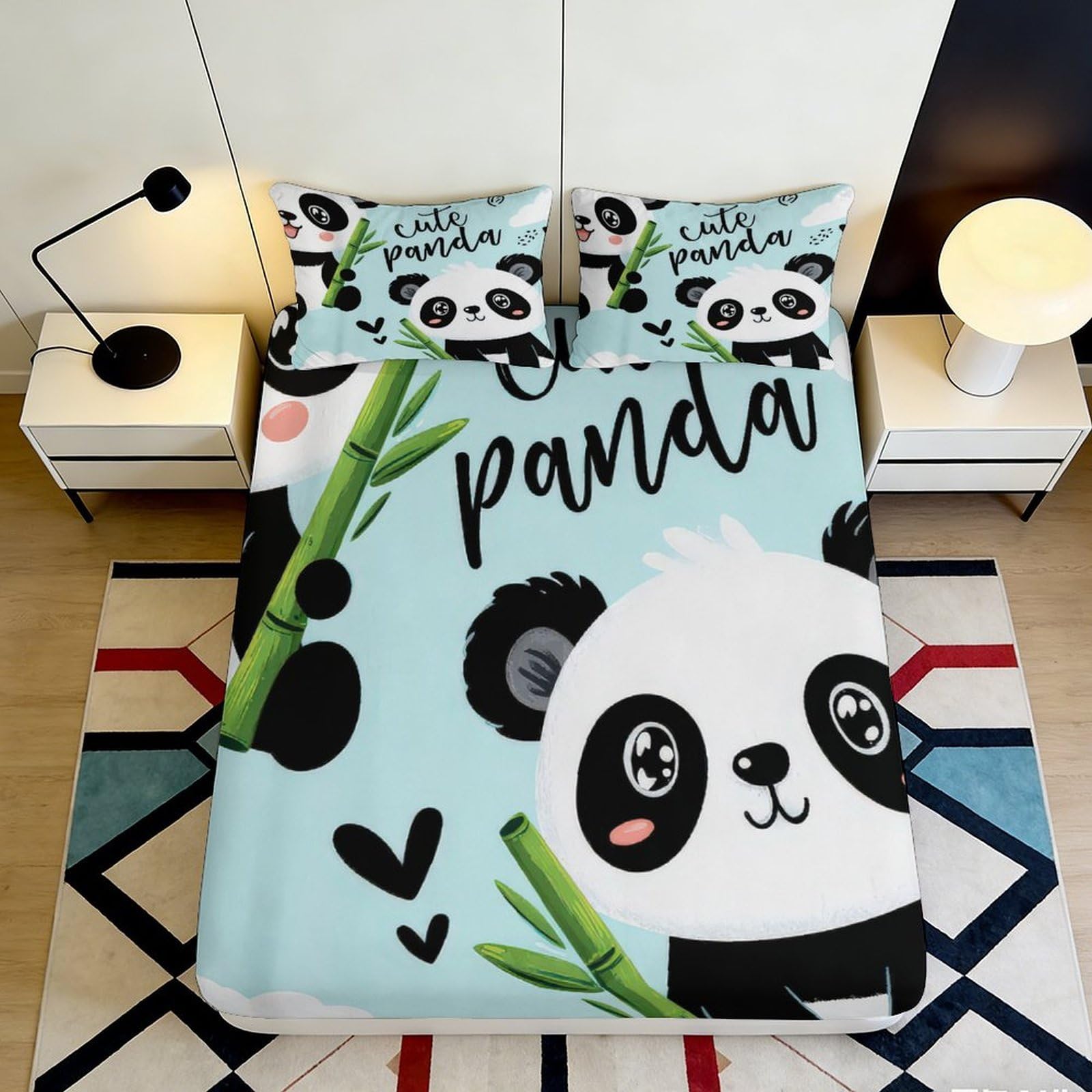 3D Printed Cute Panda Fitted Sheet Microfiber Soft Anti-Slip Bamboo Cartoon Bed Cover Bedroom Dorm Mattress Protector 200x200x25cm