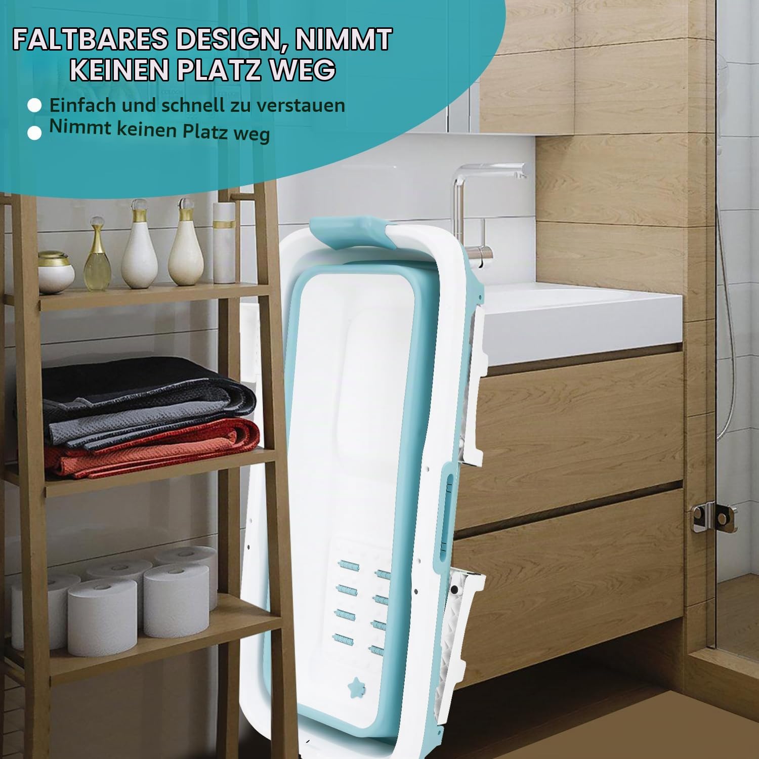 Ikodm Faltbare Badewanne Erwachsene - XXL 149x60x50cm, Klappbare mobile Badewanne mit Abdeckung, Massagerollen & Korb, Klappbadewanne für Badezimmer, Dusche und Balkon (Blau)