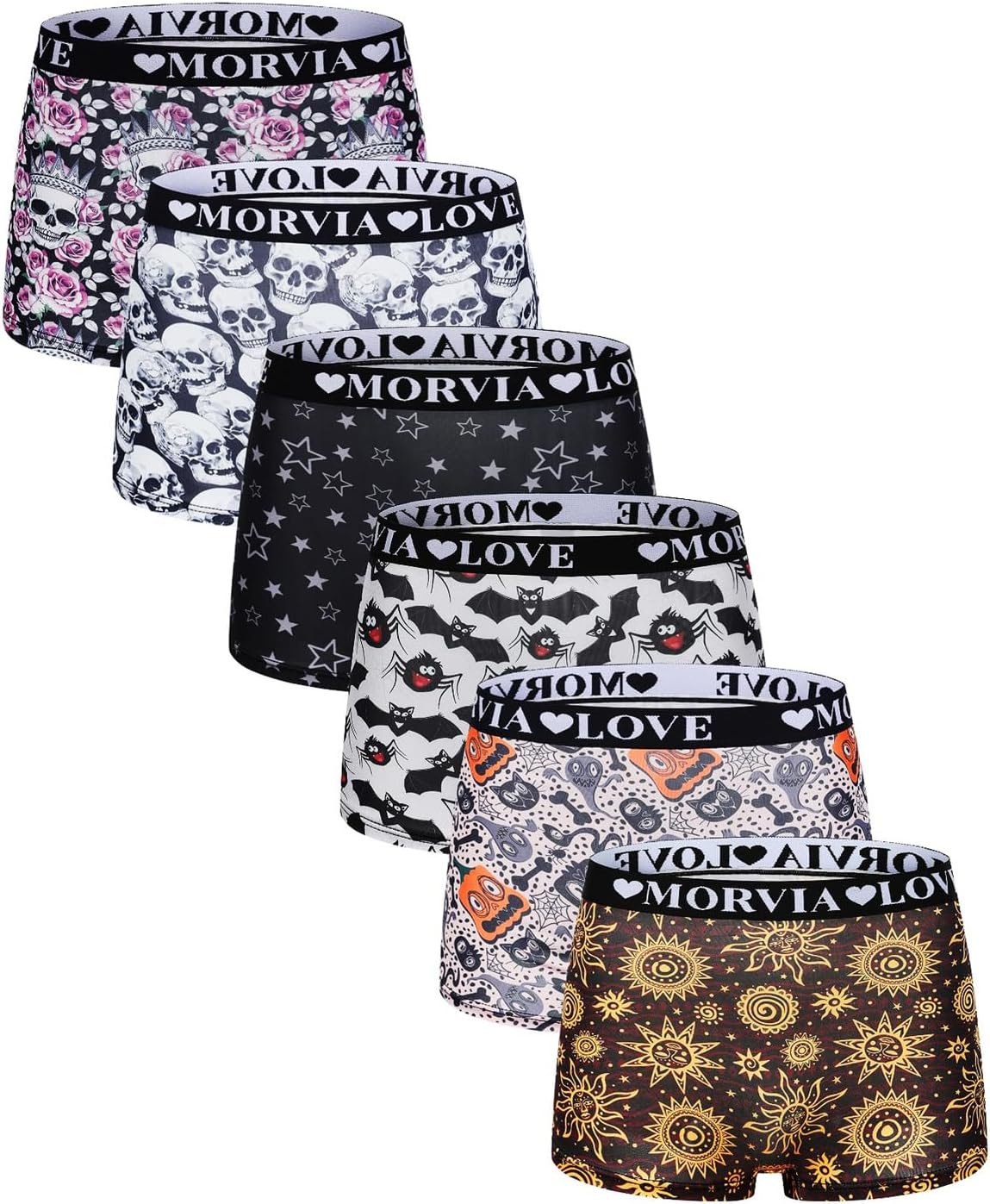 Morvia 6 Pack Gothic Halloween Print Boyshorts, High Waist Variety Underwear with Elastic Band, Skull Rose Stars Pattern - Image 3