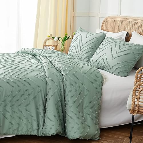 Miniatura 3 de Move Over Juego de edredón de 3 piezas de color verde salvia, tamaño King, bohemio, elegante, con diseño de ondas, suave y esponjoso, textura de