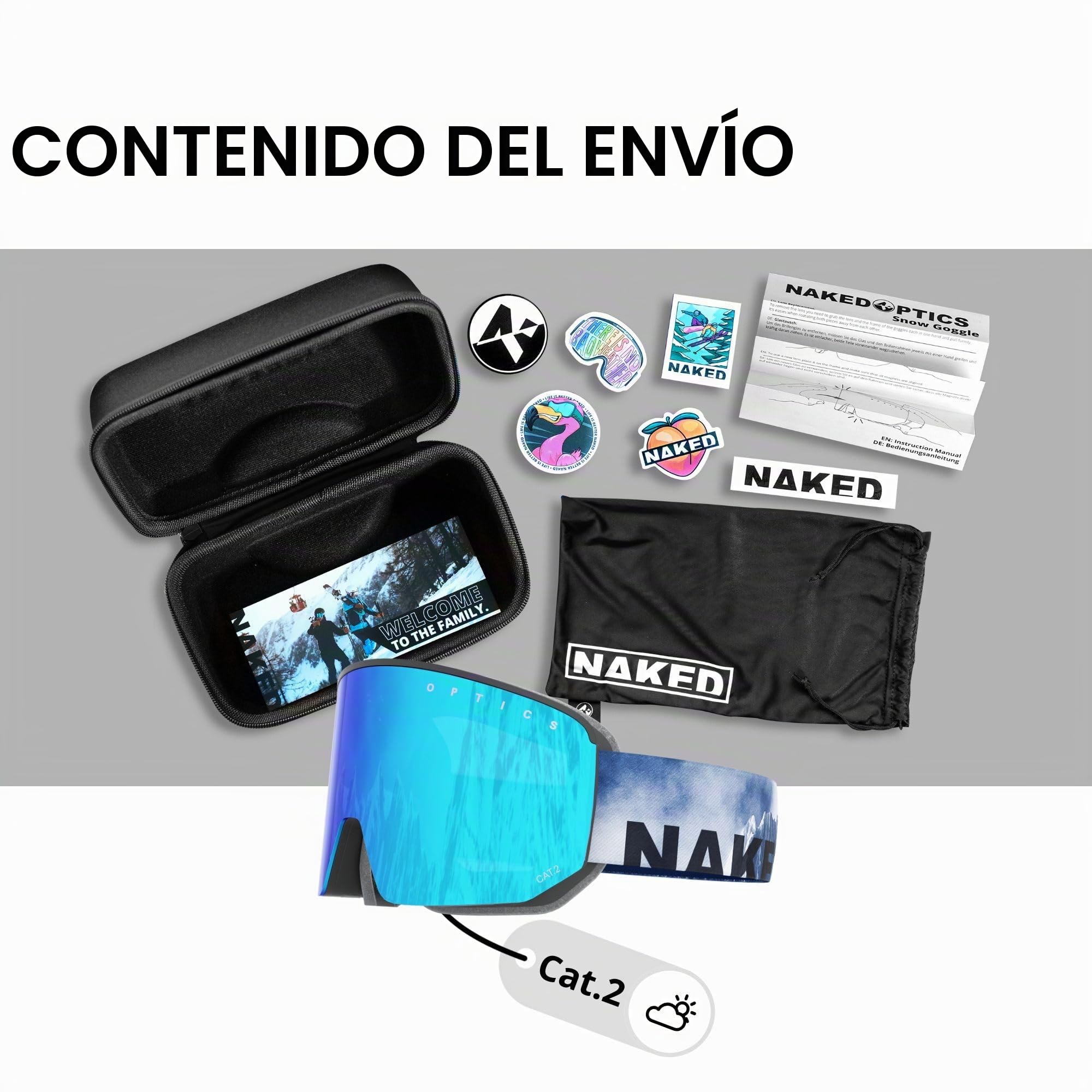 NAKED Optics The NOVA Gafas de Esquí para Hombres, Gafas de Esquí para Mujeres, Gafas de Snowboard (NOVA Steep, sin lente para mal tiempo)