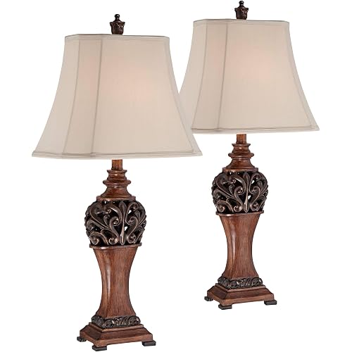 Regency Hill Exeter Traditional Style Table Lamps 30" Tall Full Size Set of 2 Bronze Wood Carved Leaf Creme Rectangular Bell Shade Cottage Core Decor for Living Room Bedroom House Bedside Nightstand