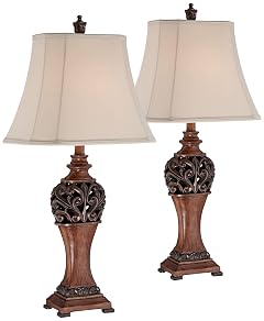 Regency Hill Exeter Traditional Style Table Lamps 30 Tall Full Size Set of 2 Bronze Wood Carved Leaf