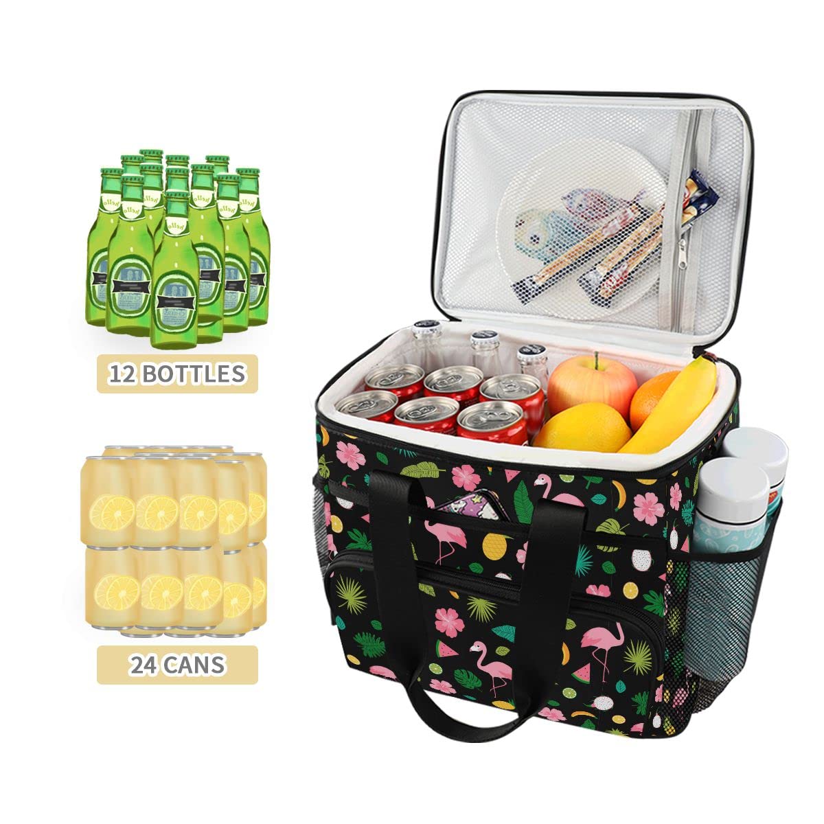 Bolsa de picnic de 15 L, 24 latas, bolsa de almuerzo aislada con flamenco y piña para viajes, camping, barbacoa, actividades al aire libre, asas, correa para el hombro