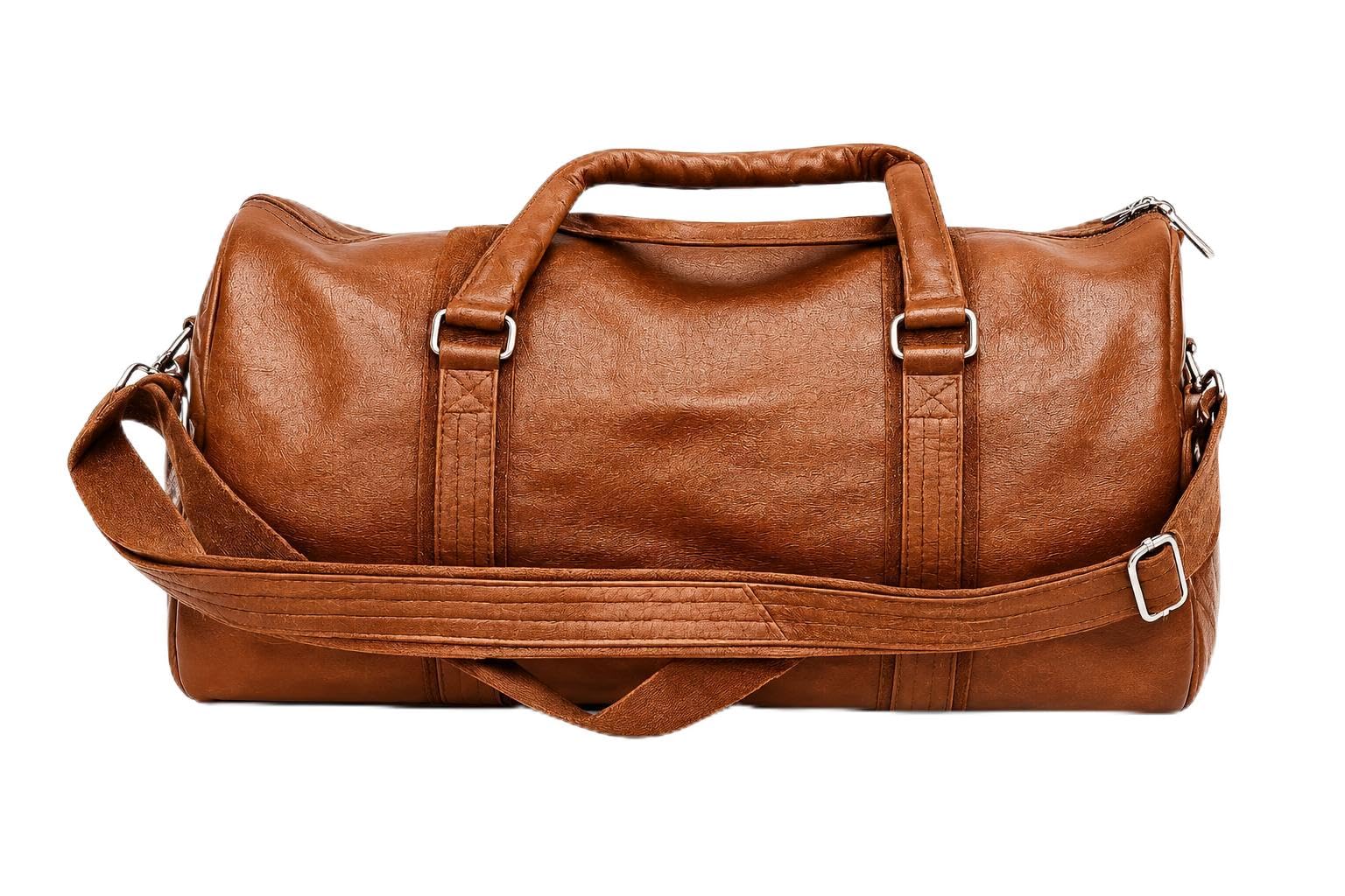 PU Leather Travel Duffle Bag Brown with Shoulder Strap-image-9