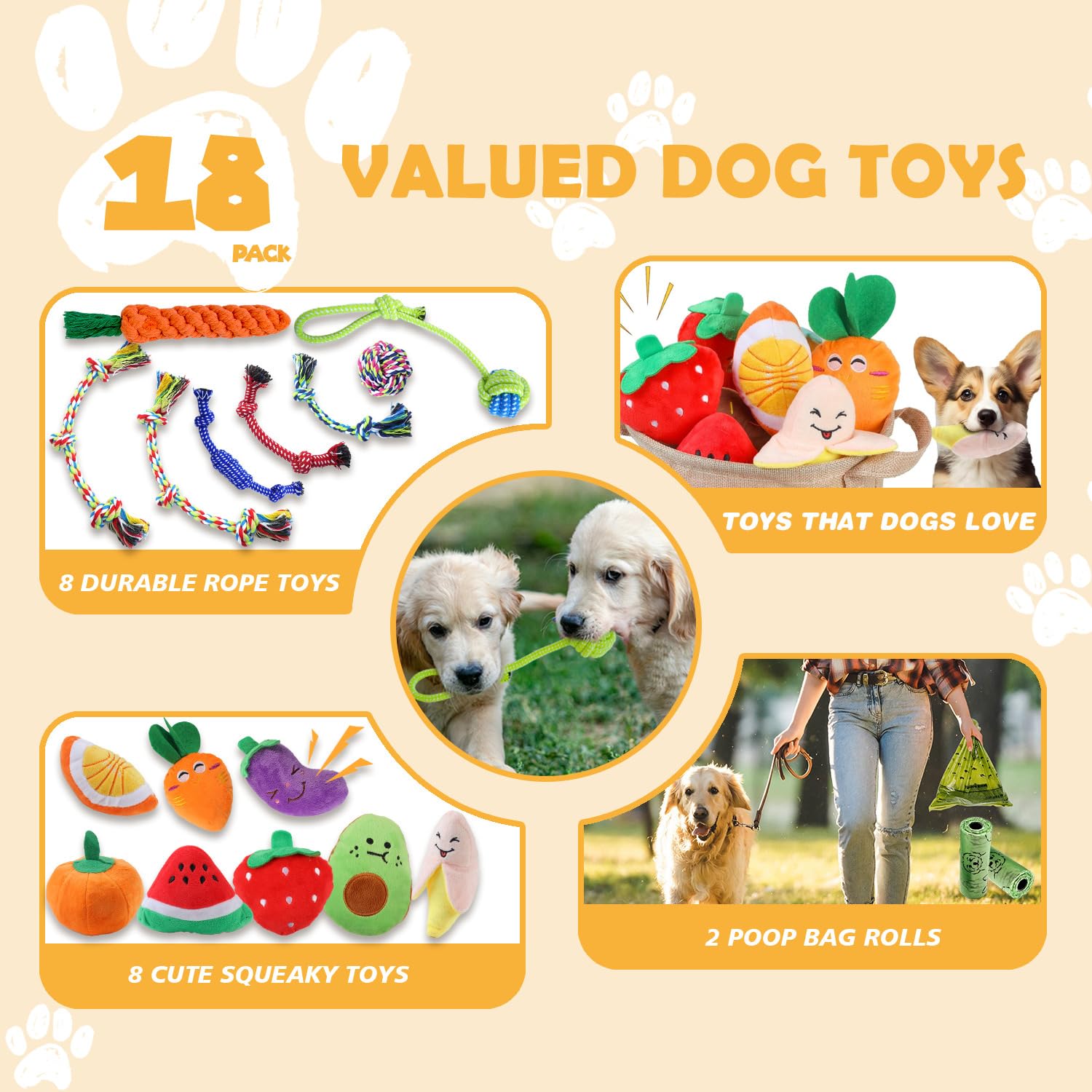 MRSOHRET Hundespielzeug, Kauspielzeug für Welpen, interaktives Quietschspielzeug und Seilspielzeug für kleine Hunde, langlebiges Sortiment, Plüschtier-Hundespielzeug, um sie zu beschäftigen, 18 Stück