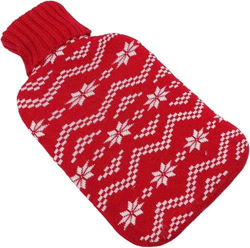 Miniatura 5 de Fydun 1 Liter Large Rubber Hot Water Bottle Knitted Cover Hot Water Bottle for Pain Relief Body Warming Red Deer Wide Range of Uses (Red Snowflake)