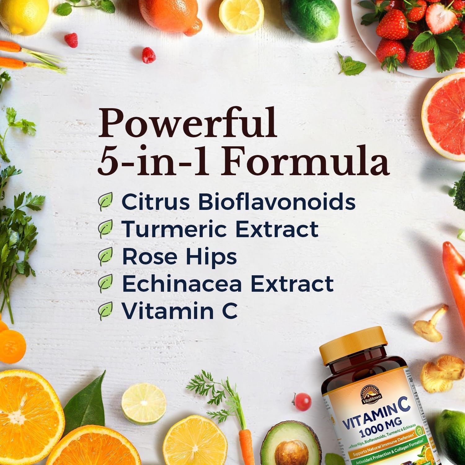 Vitalitown Vitamin C Complex 1000mg with Rose HIPS, Bioflavonoids, Turmeric & Echinacea, Daily Immune Support, Collagen Booster & Powerful Antioxidant, Vegan, 90 Tablets — Amazon image 3