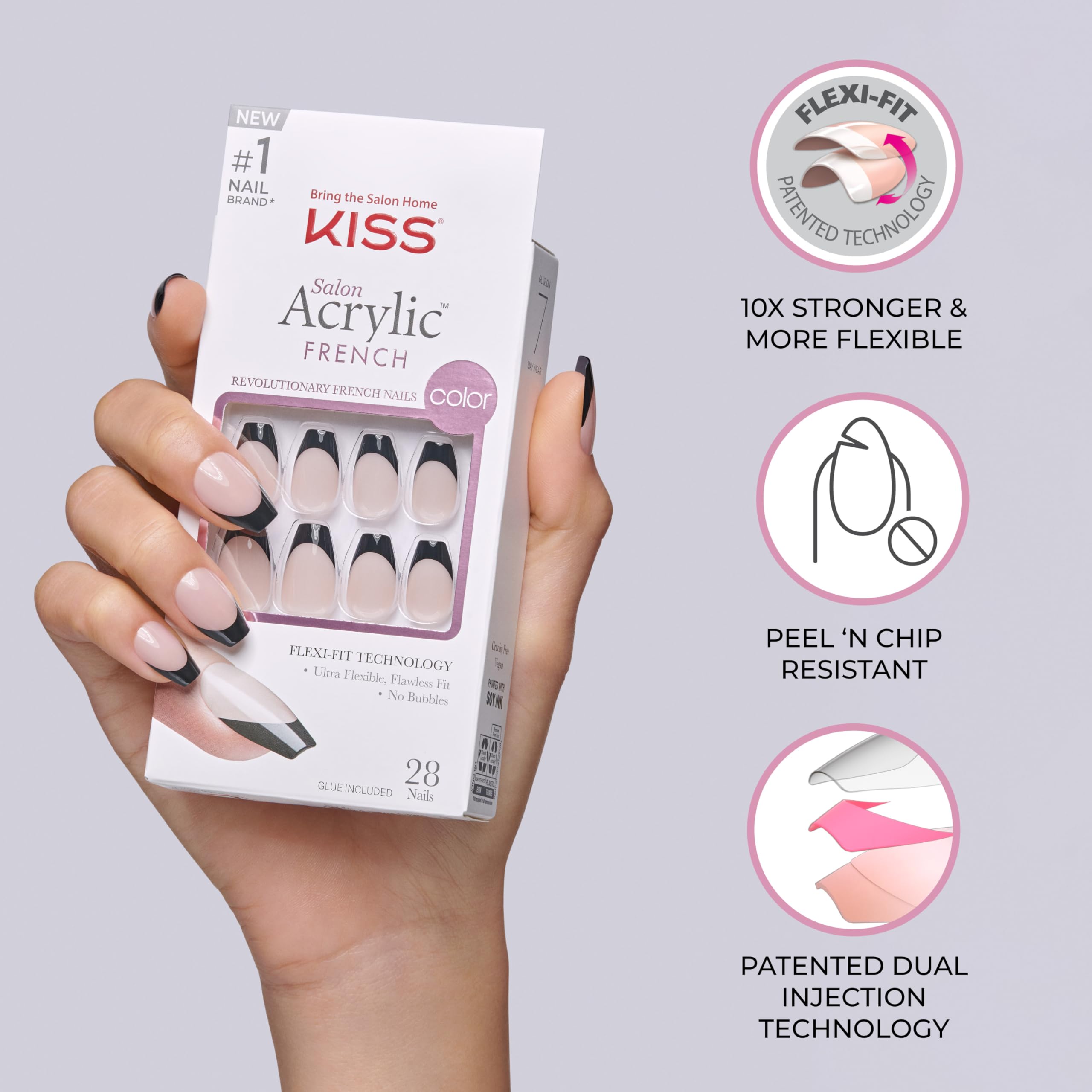 KISS Salon Acrylic French "Catchy", fioletowy, średniej długości w kształcie migdałów – 28 sztucznych paznokci do naklejania DIY, 2 g kleju do paznokci, 1 patyczek do manicure, 1 mini pilnik