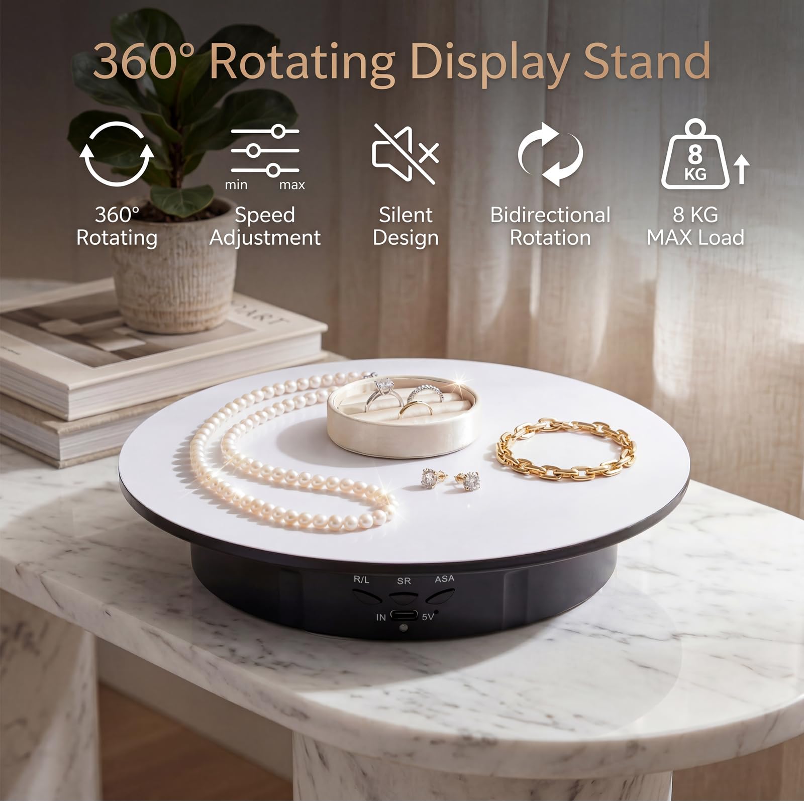 Plateau tournant électrique de 20 cm avec 5 fonds, plateau rotatif pour la photographie, rotation à 360°, capacité de charge de 8 kg, idéal pour les accessoires de tournage vidéo et les bijoux