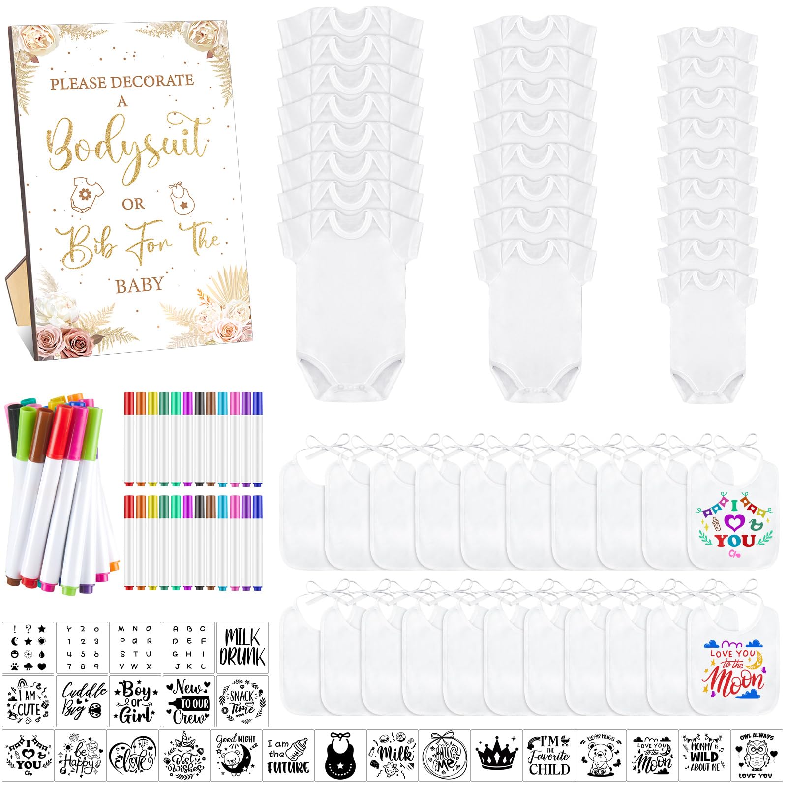 Panitay 100 Pcs Blank Bib Bodysuit Baby Shower Set Baby Shower Sign Blank Feeder Bib DIY Bodysuit Fabric Colorful Marker(Boho Pampas Grass)