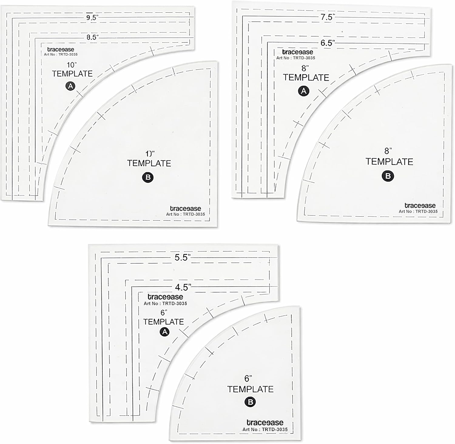 Traceease Drunkard’s Path Quilting Template Set – 3 Pc (6”, 8”, 10”) 4mm Thick Clear Acrylic Curved Rulers with 1/4” Seam Allowance for Patchwork & Fabric Cutting