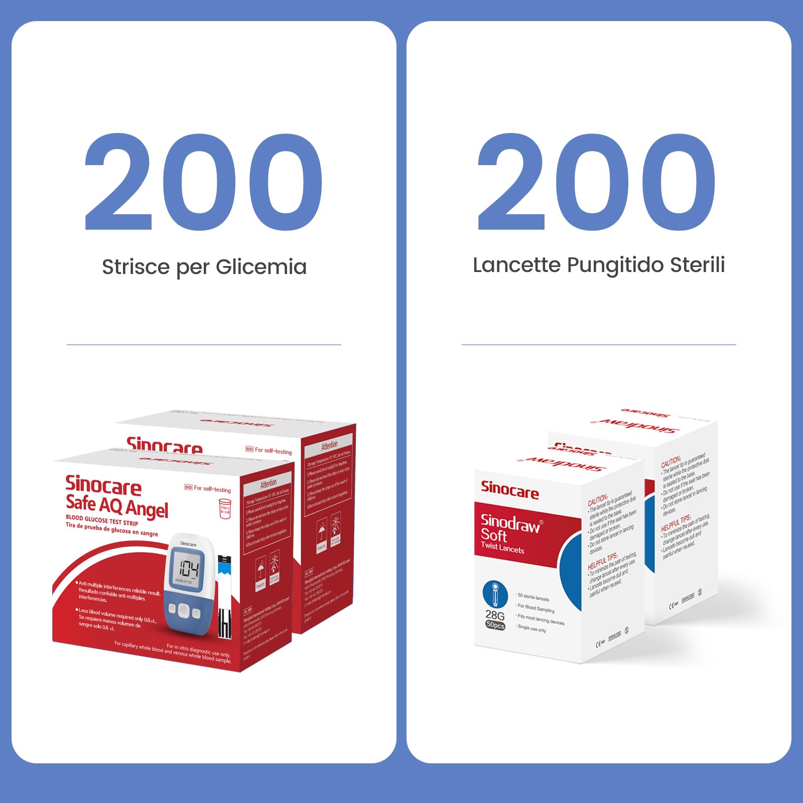 Sinocare Strisce Glicemia, 200 Strisce e 200 Pungidito, Nessuna Codifica Richiesta, 5s Mostrano il Livello di Zucchero nel Sangue (Solo per AQ Angel)