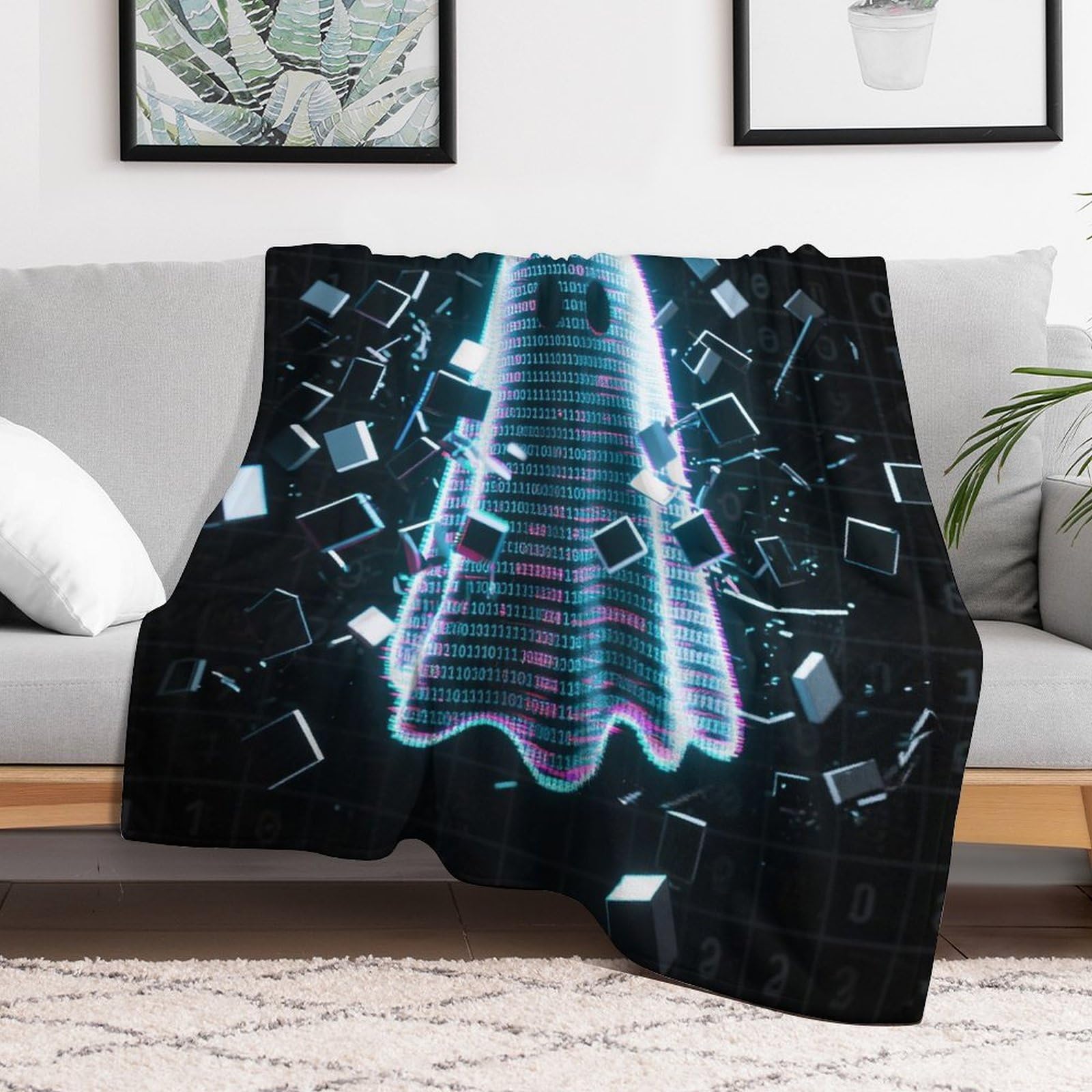 Custom Glitch Ghost Blanket Lightweight Flannel Fleece Throw for Couch Sofa Bed Luxury Soft Cozy Plush Lap Bedtime Blanket for All Seasons Bedroom Home Decor Gifts 60x80